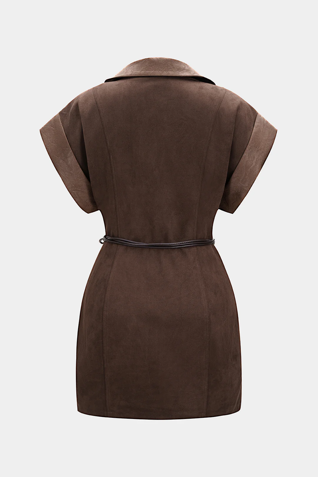 Faux Leather Suede V-Neck Patchwork Belted Sleeveless Mini Dress - Flockneti