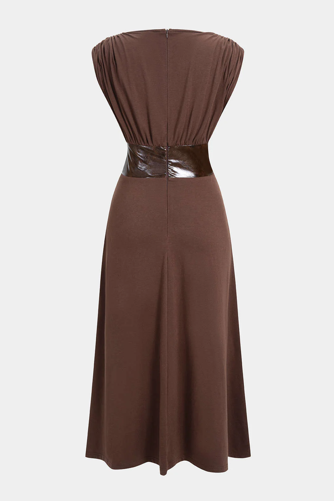 Faux Leather Patchwork Ruched Short-Sleeve Maxi Dress - Flockneti
