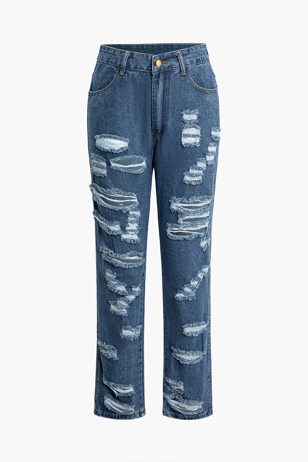 Denim Frayed Fringe Straight Leg Jeans - Flockneti