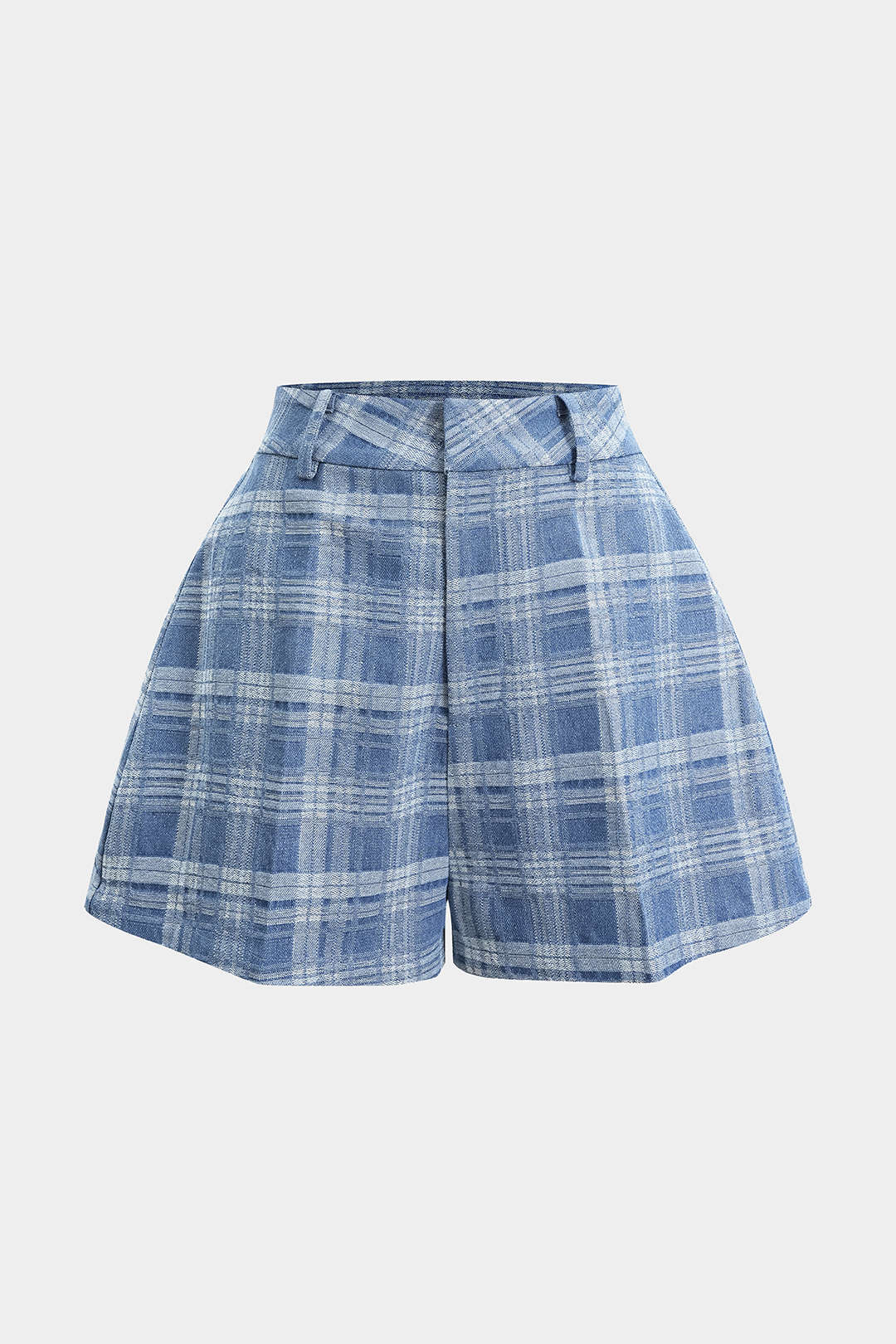 Denim Plaid Print Button Zipper Shorts - Flockneti