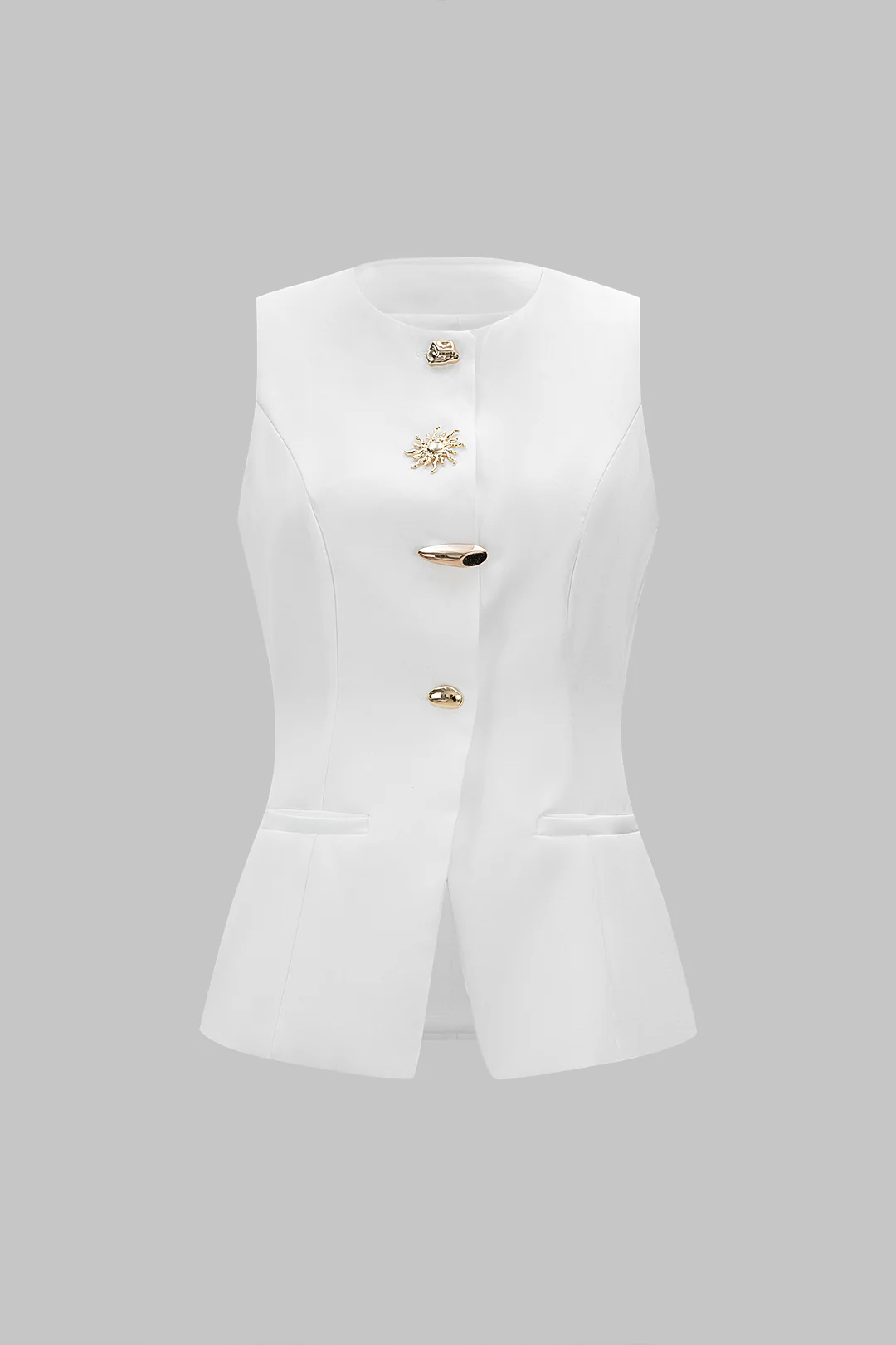 Irregular Metallic Button Round Neck Vest - Flockneti