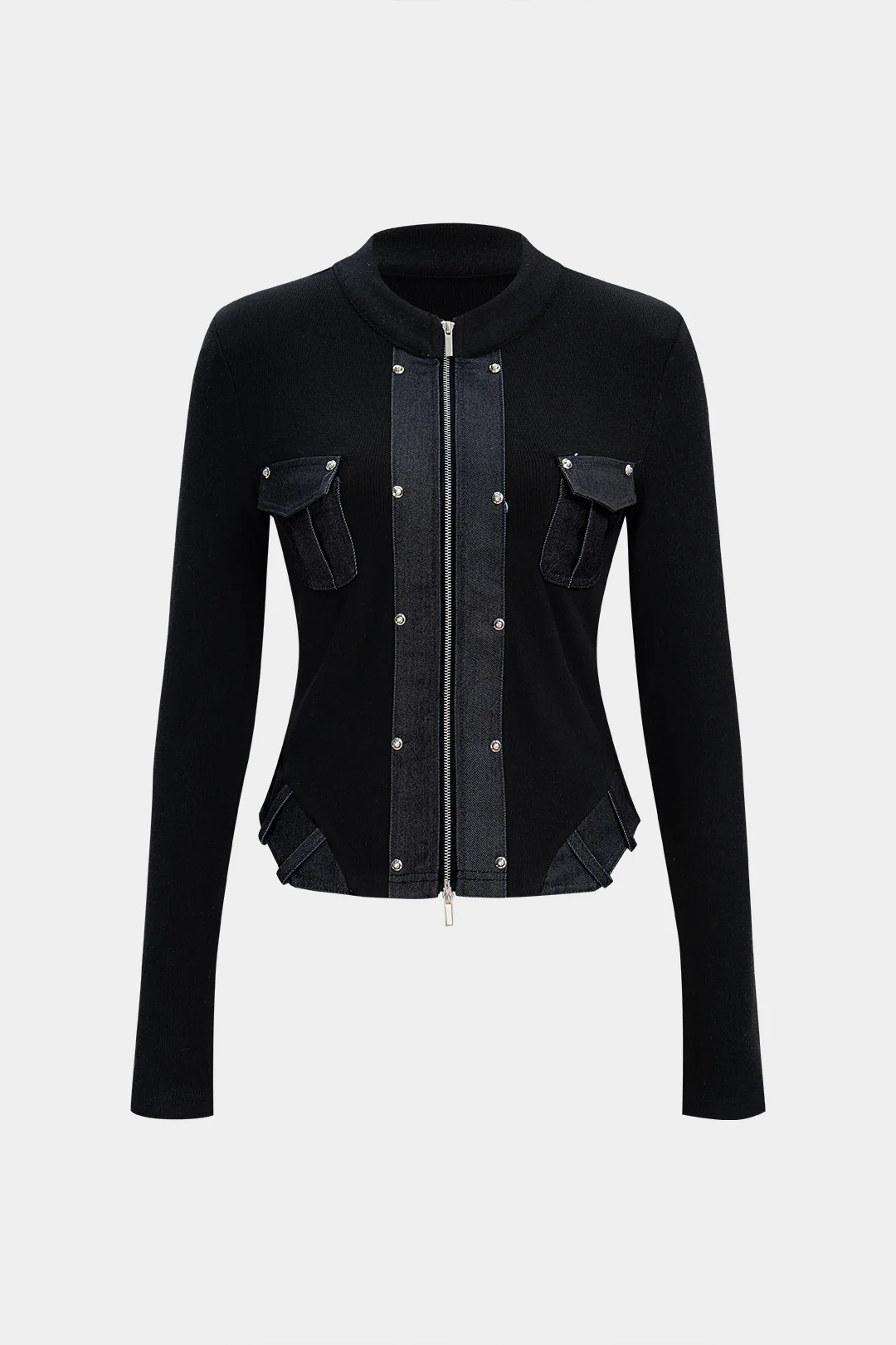 Patchwork Zipper Pocket Long-Sleeve Top - Flockneti