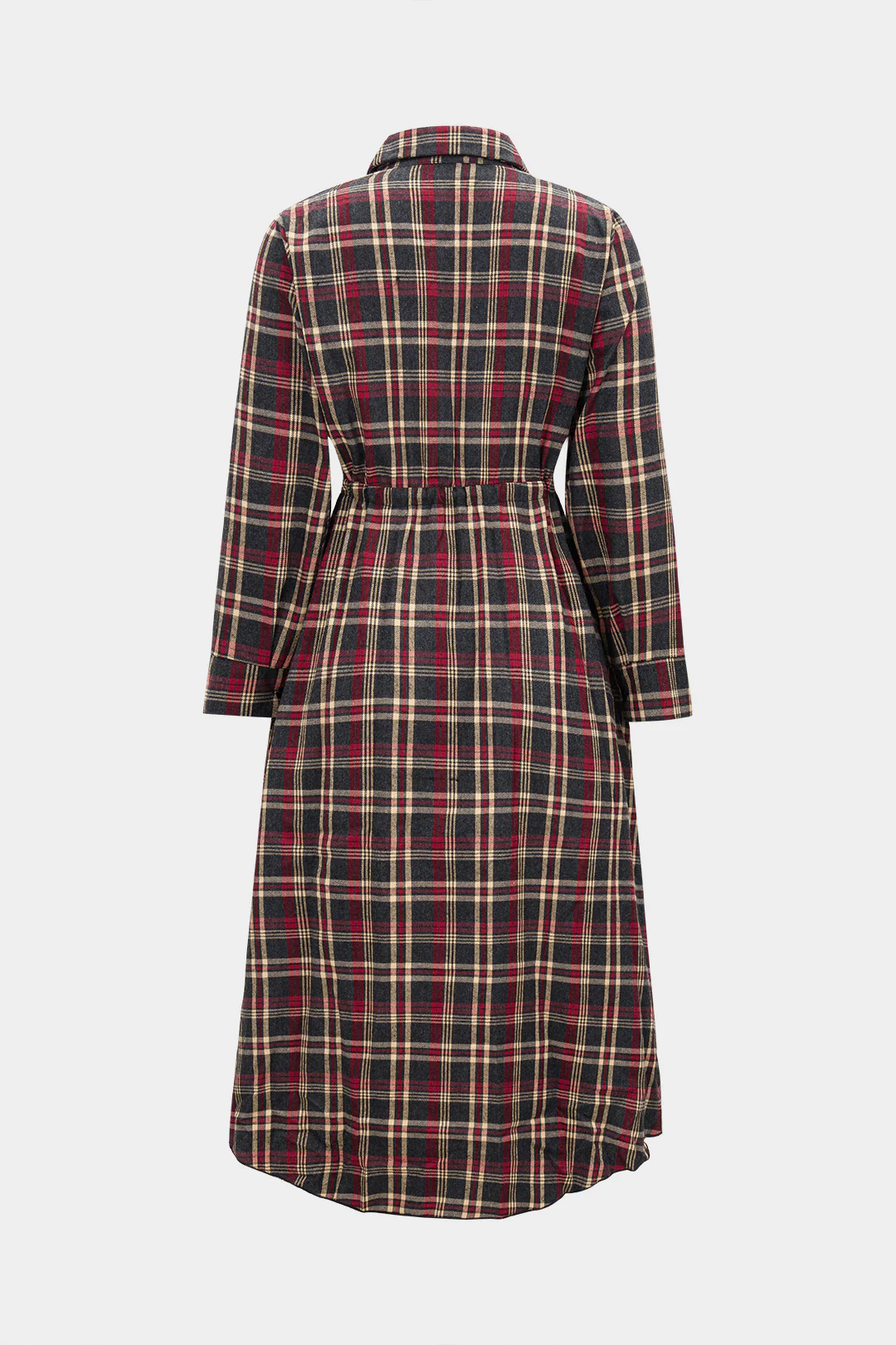 Plaid Print Button Drawstring Asymmetrical Long Sleeve Midi Dress - Flockneti