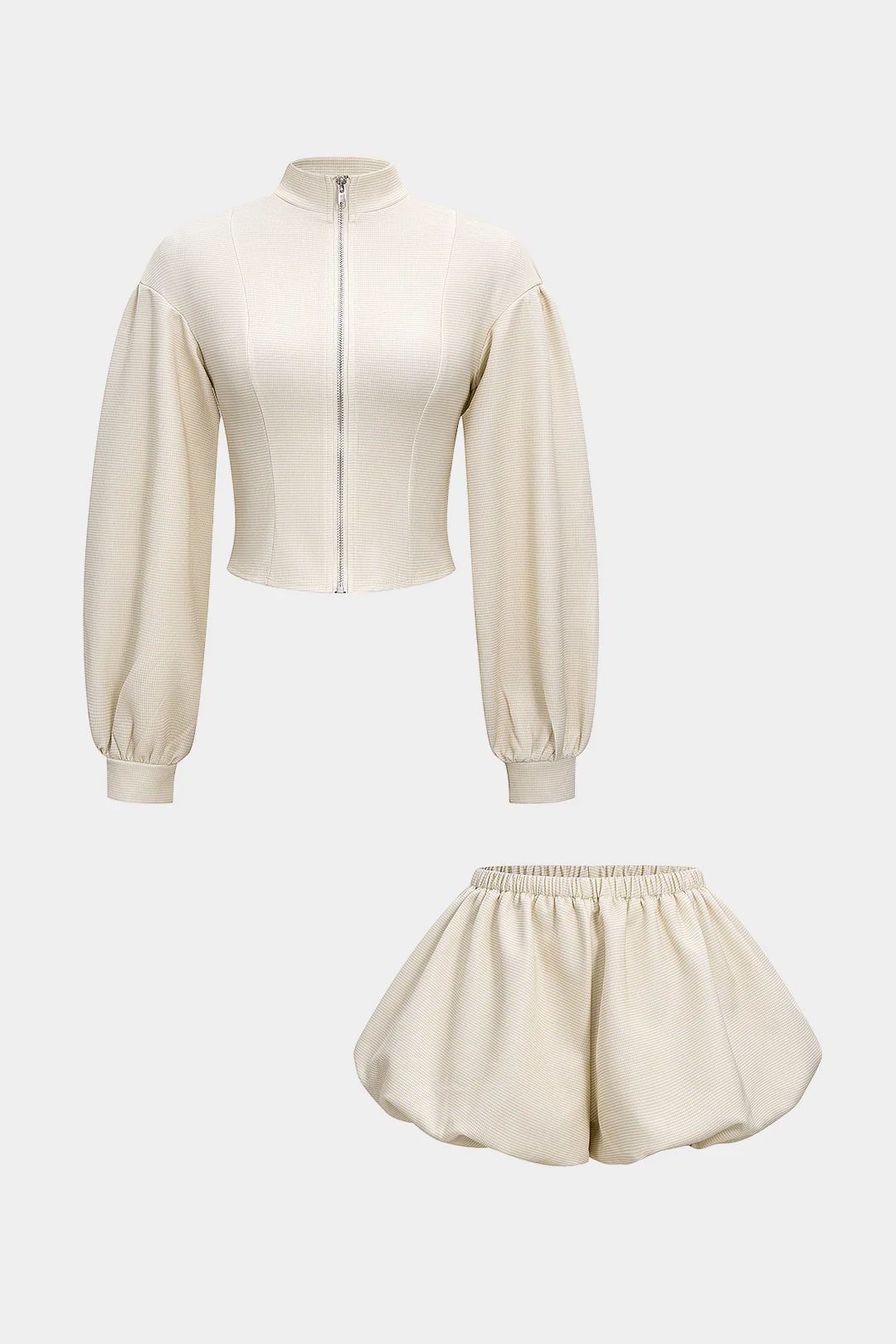 Plaid Print Zipper Ruched Long-Sleeve Cardigan And Puff Shorts Set - Flockneti