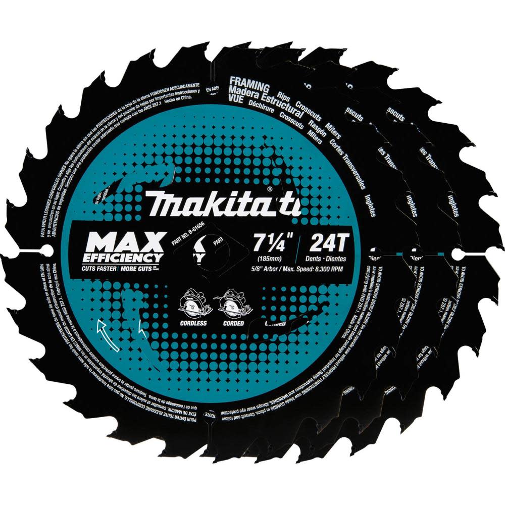 Makita Max Efficiency Circular Saw Blades 7 1/4″ 24T Carbide Tipped Framing 3pk - Flockneti