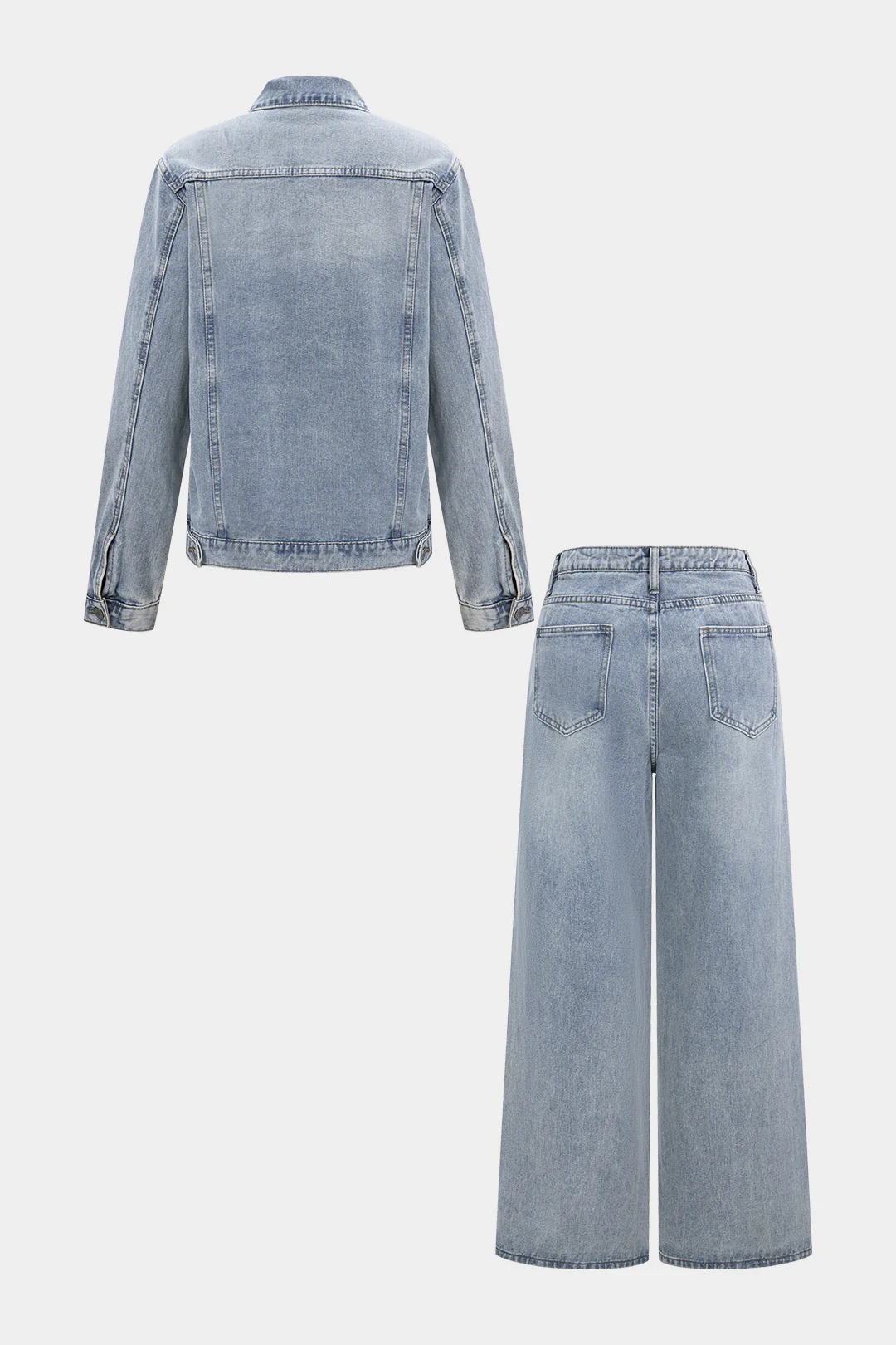 Denim Button Pocket Jacket And Wide Leg Jeans Set - Flockneti
