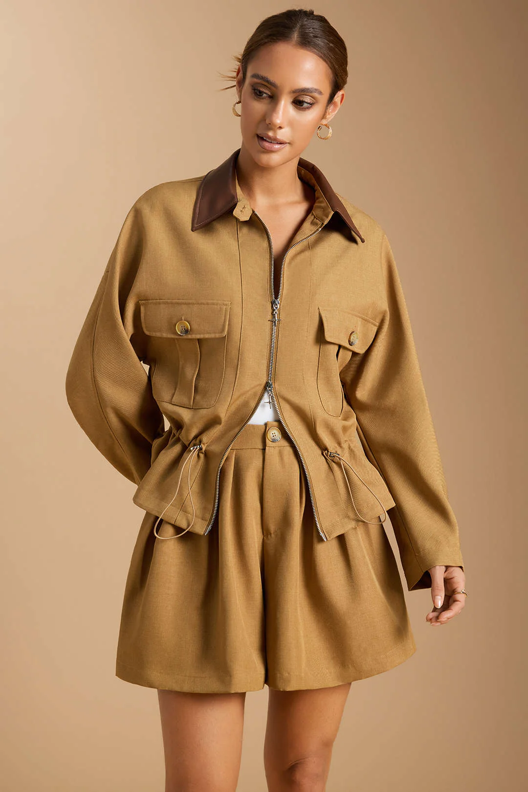 Zipper Patchwork Drawstring Batwing Sleeve Jacket - Flockneti