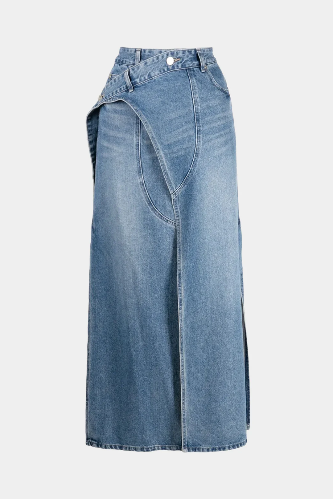 Denim High Waist Washed Asymmetrical Side Slit Skirt - Flockneti