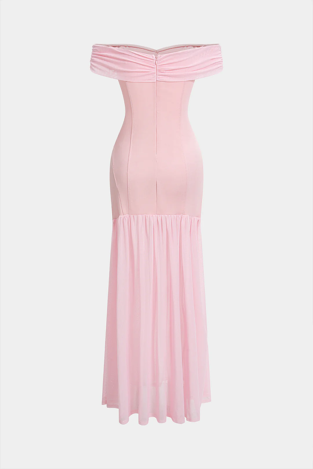 Ruched Metallic Decor Patchwork Off Shoulder Strapless Maxi Dress - Flockneti
