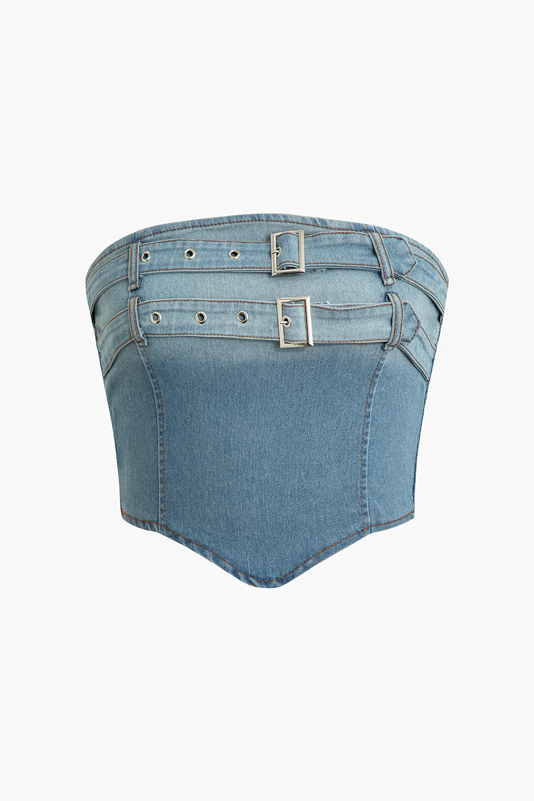 Denim Washed Asymmetrical Smocked Zipper Belted Tube Top - Flockneti