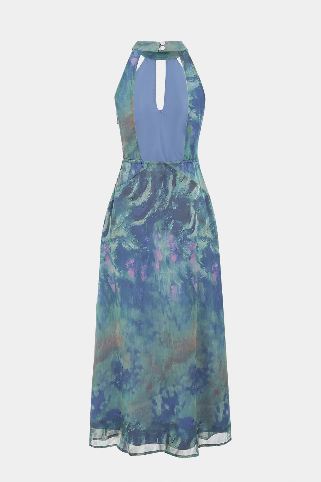 Tie Dye Print Mesh Halter Neck Cut Out Sleeveless Maxi Dress With Scarf - Flockneti