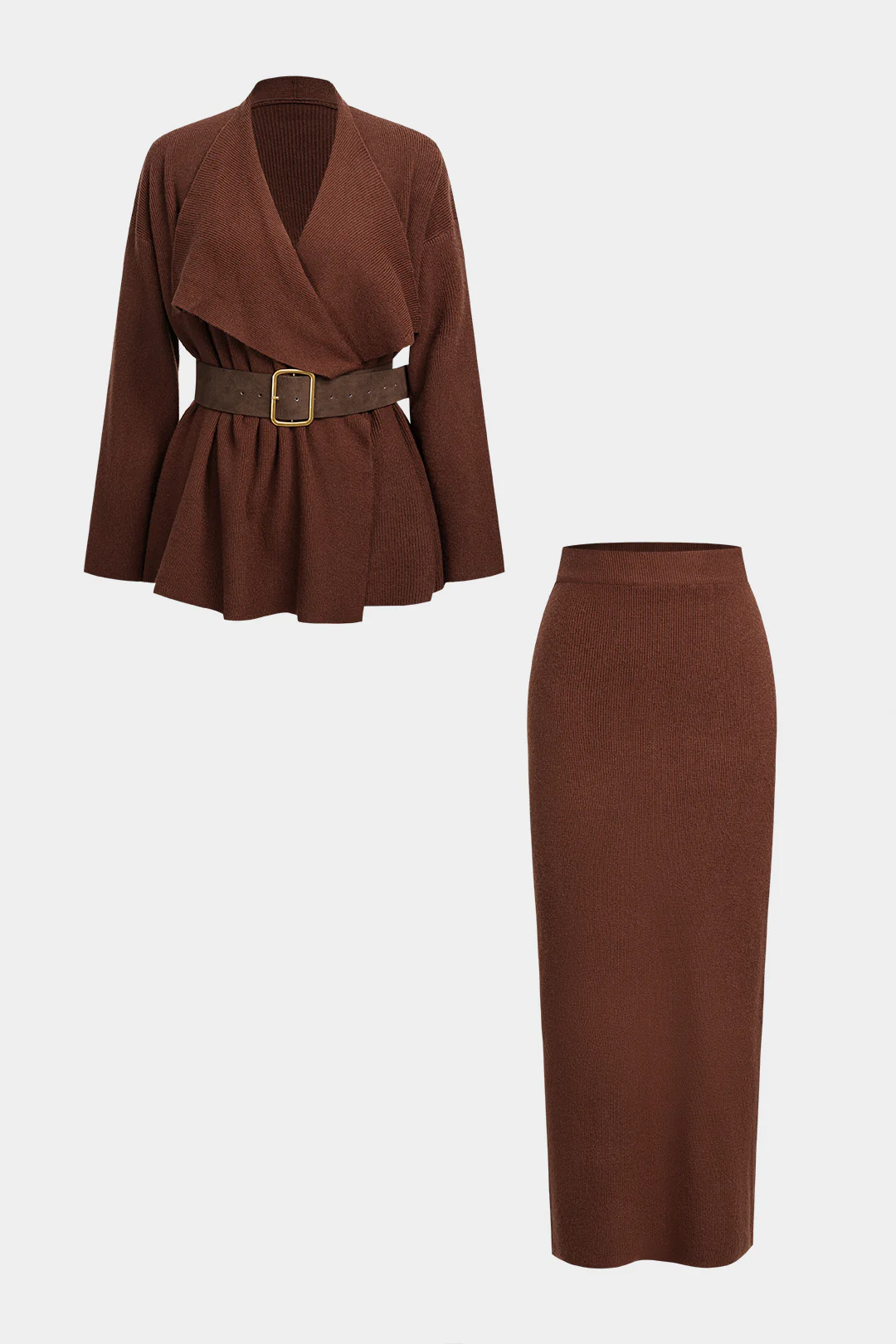 Knit Crossed Belted Long-Sleeve Top And Split Skirt Set - Flockneti