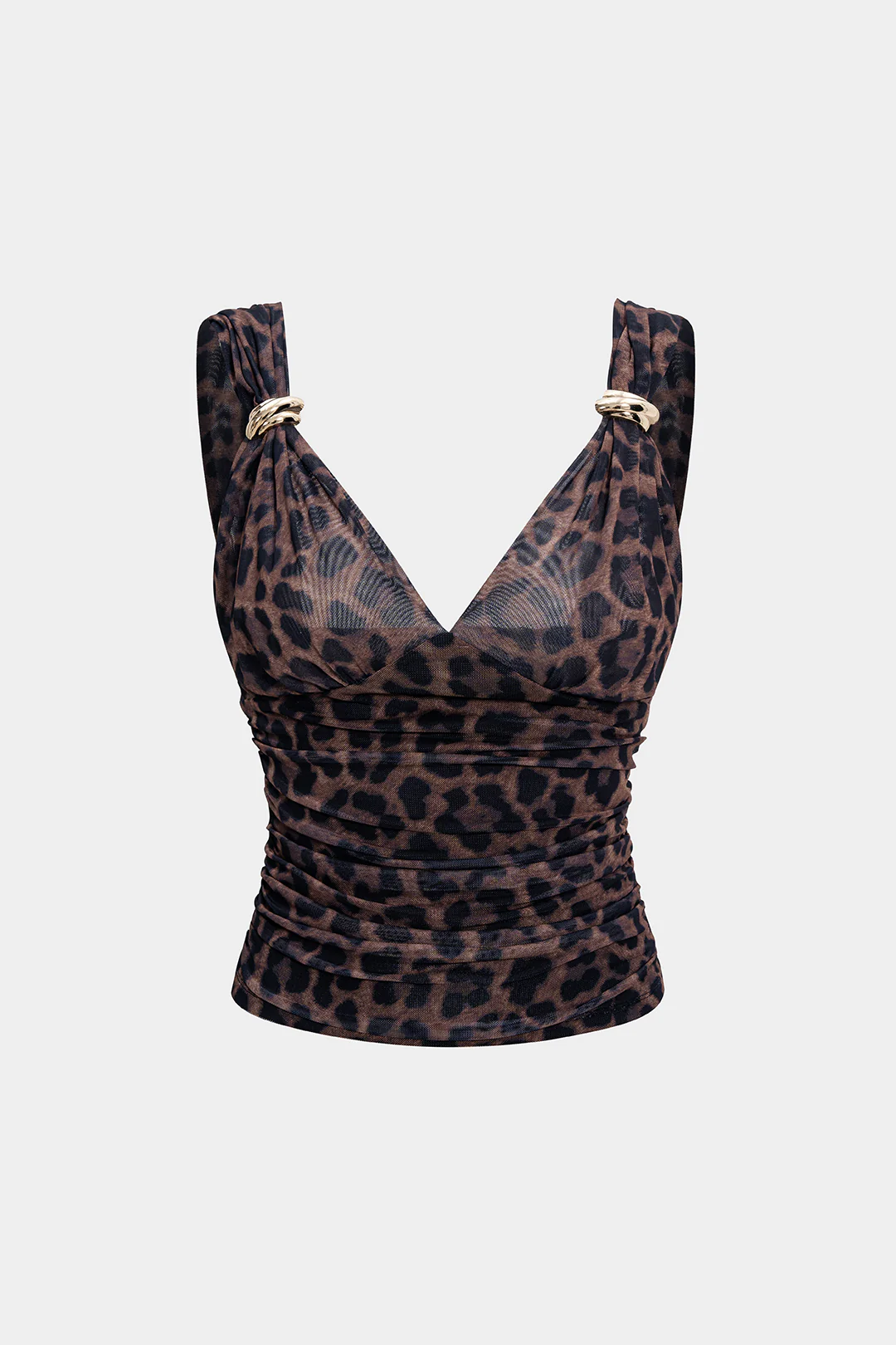 Leopard Print Mesh Ruched Metallic Decor Cami Top - Flockneti
