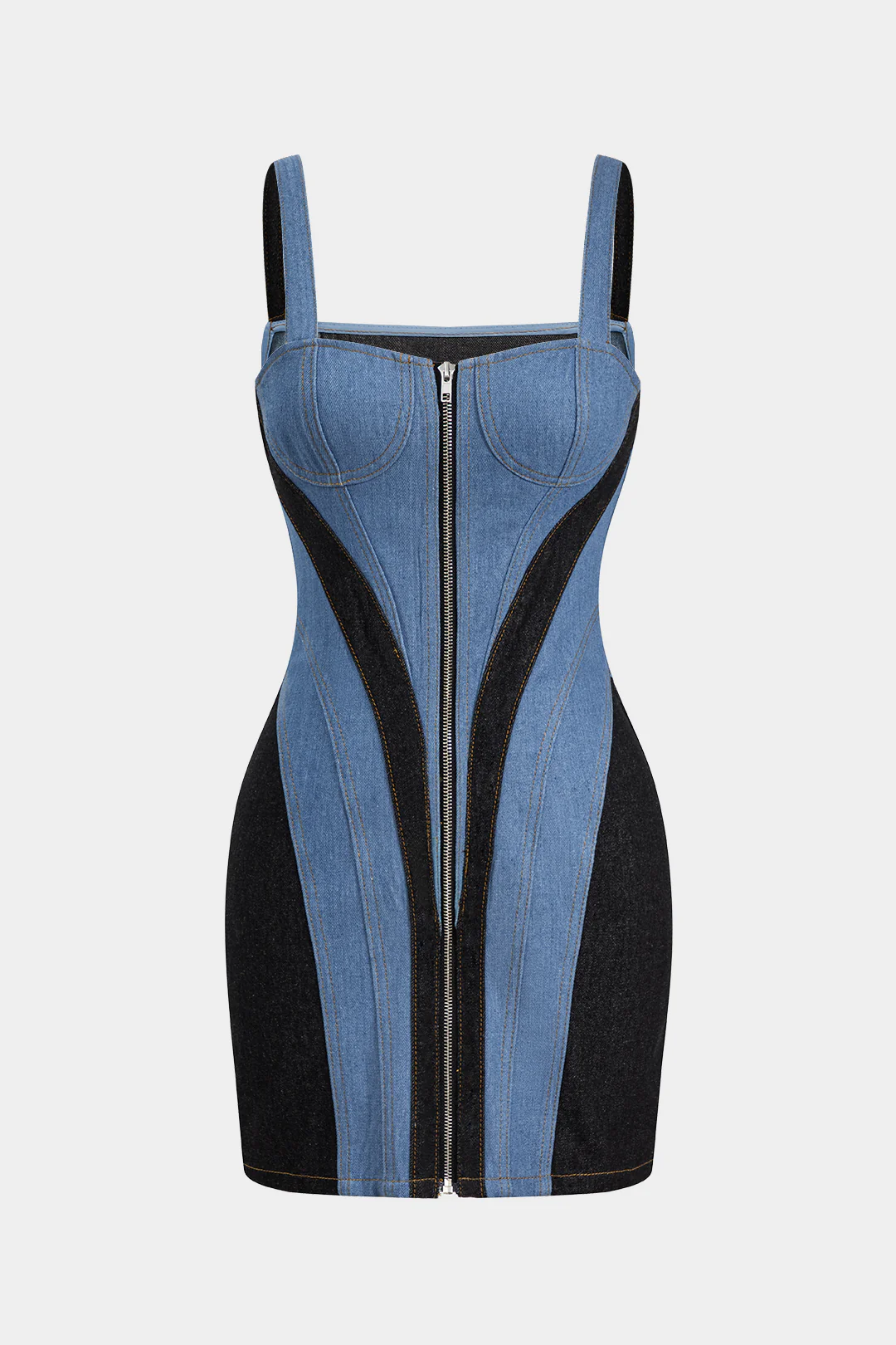 Contrast Denim Patchwork Zipper Bustier Dress - Flockneti