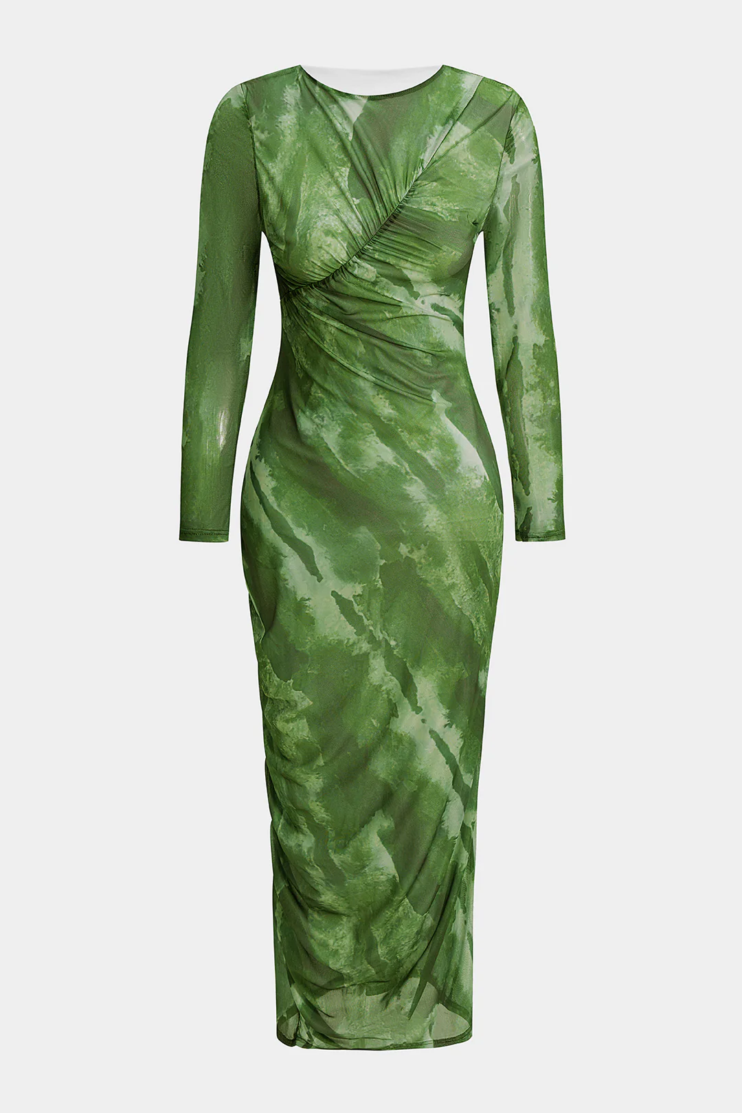 Tie Dye Print Mesh Round Neck Ruched Long Sleeve Midi Dress - Flockneti