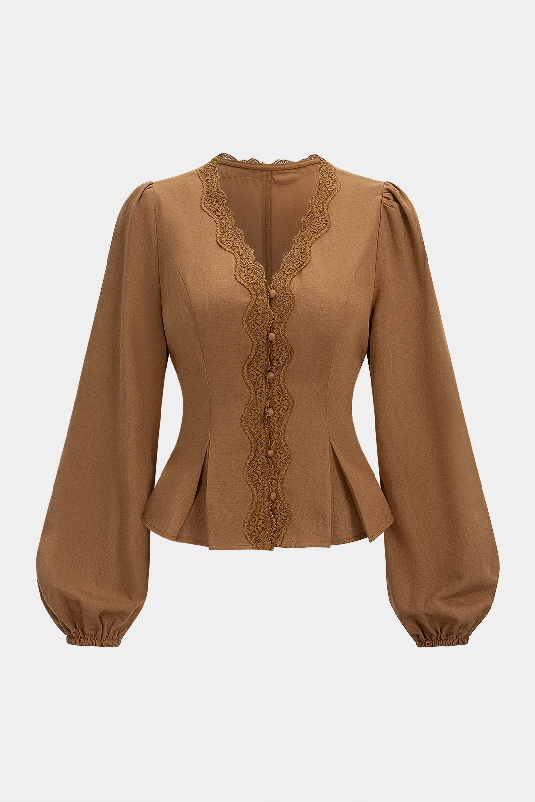 Lace Trim V-Neck Tie-Back Long-Sleeve Shirt - Flockneti