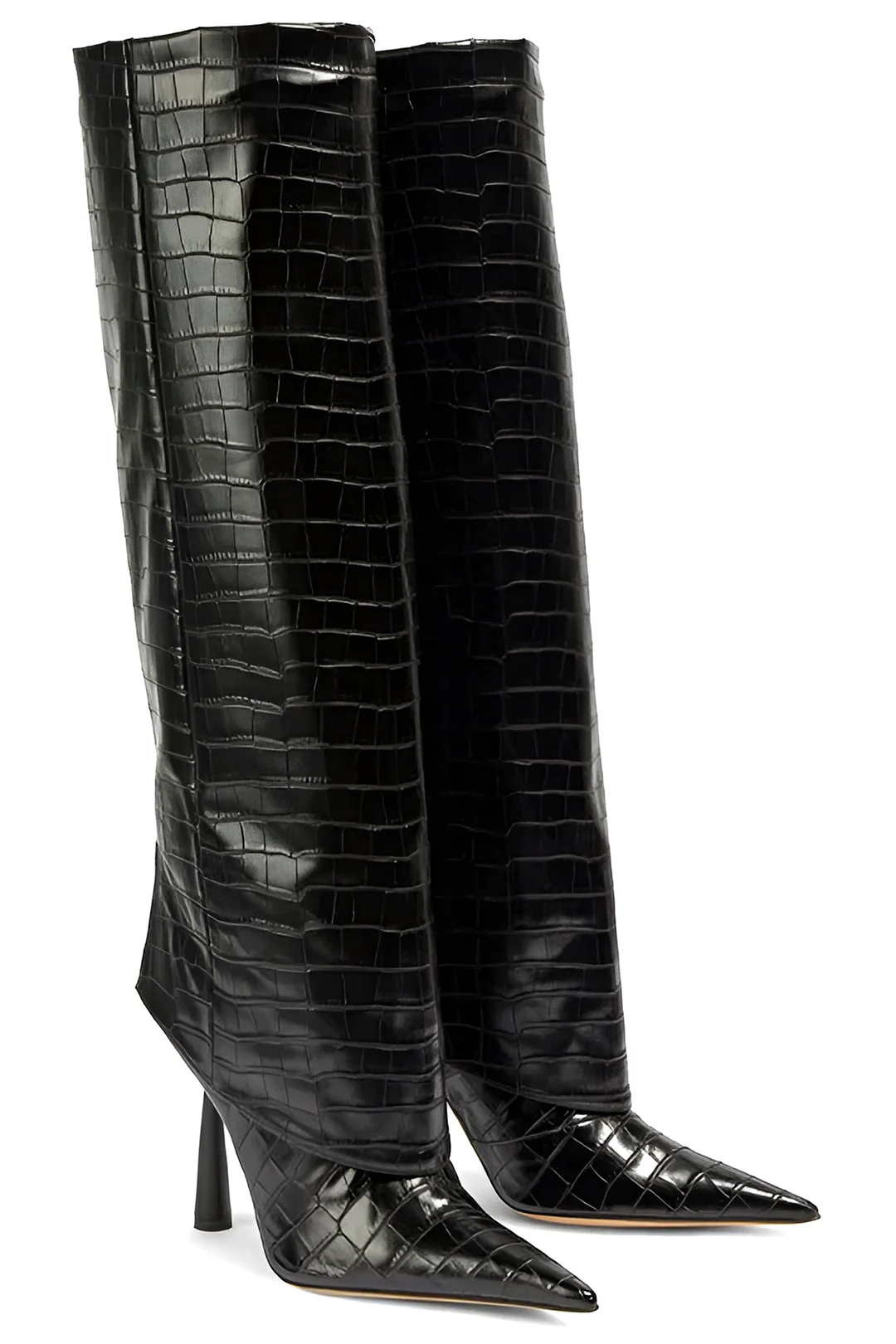 Crocodile Faux Leather Stiletto Pointed Toe Knee High Boots - Flockneti