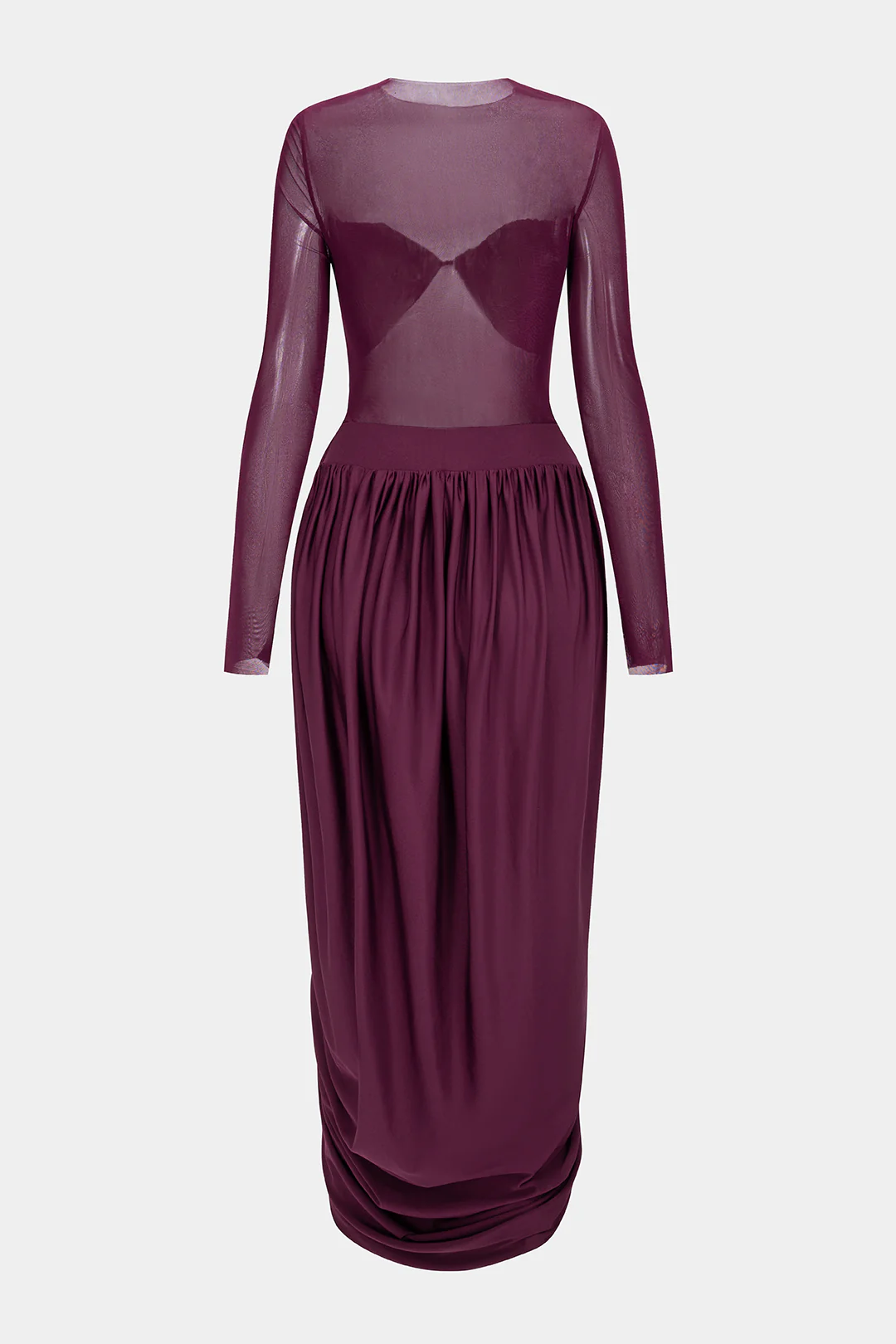 Mesh Patchwork Round Neck Ruched Long Sleeve Midi Dress - Flockneti