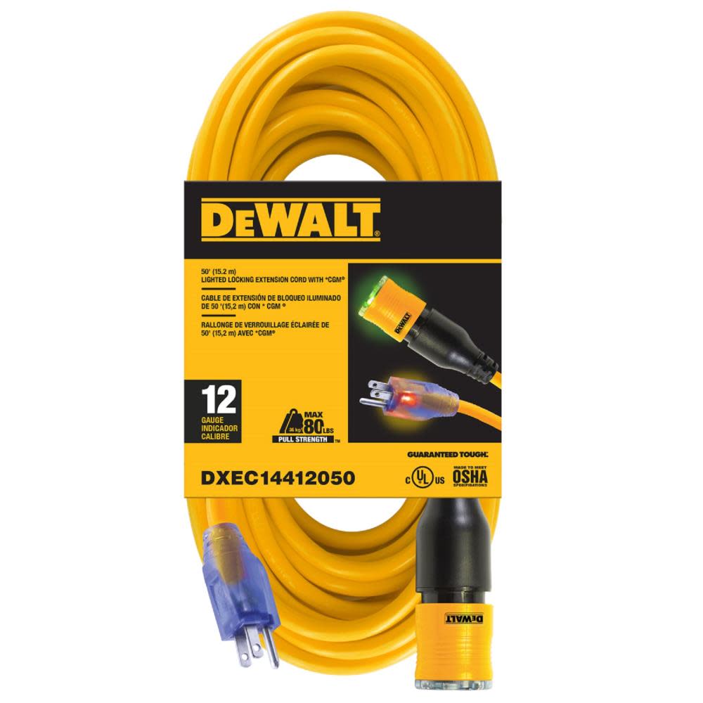 DEWALT Extension Cord Locking 50′ 12/3 SJTW Yellow - Flockneti