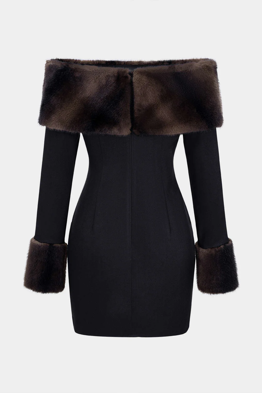 Off Shoulder Faux Fur Patchwork Long Sleeve Mini Dress - Flockneti