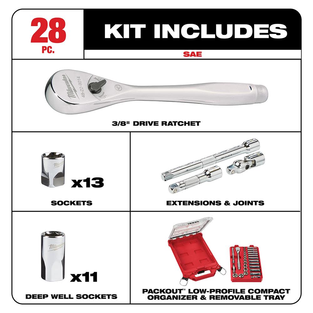Milwaukee 3/8″ 28 Pc Ratchet & Socket Set with PACKOUT Organizer - Flockneti