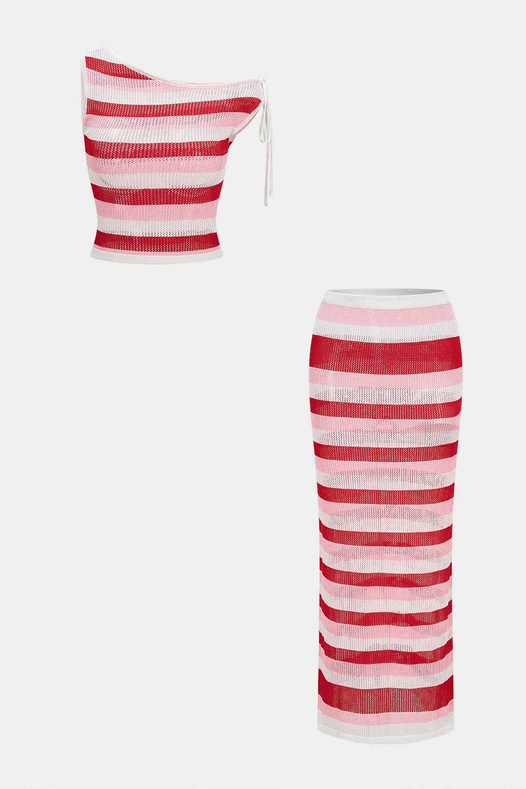 Contrast Stripes One Shoulder Tie-Up Cami Top And Skirt Set - Flockneti