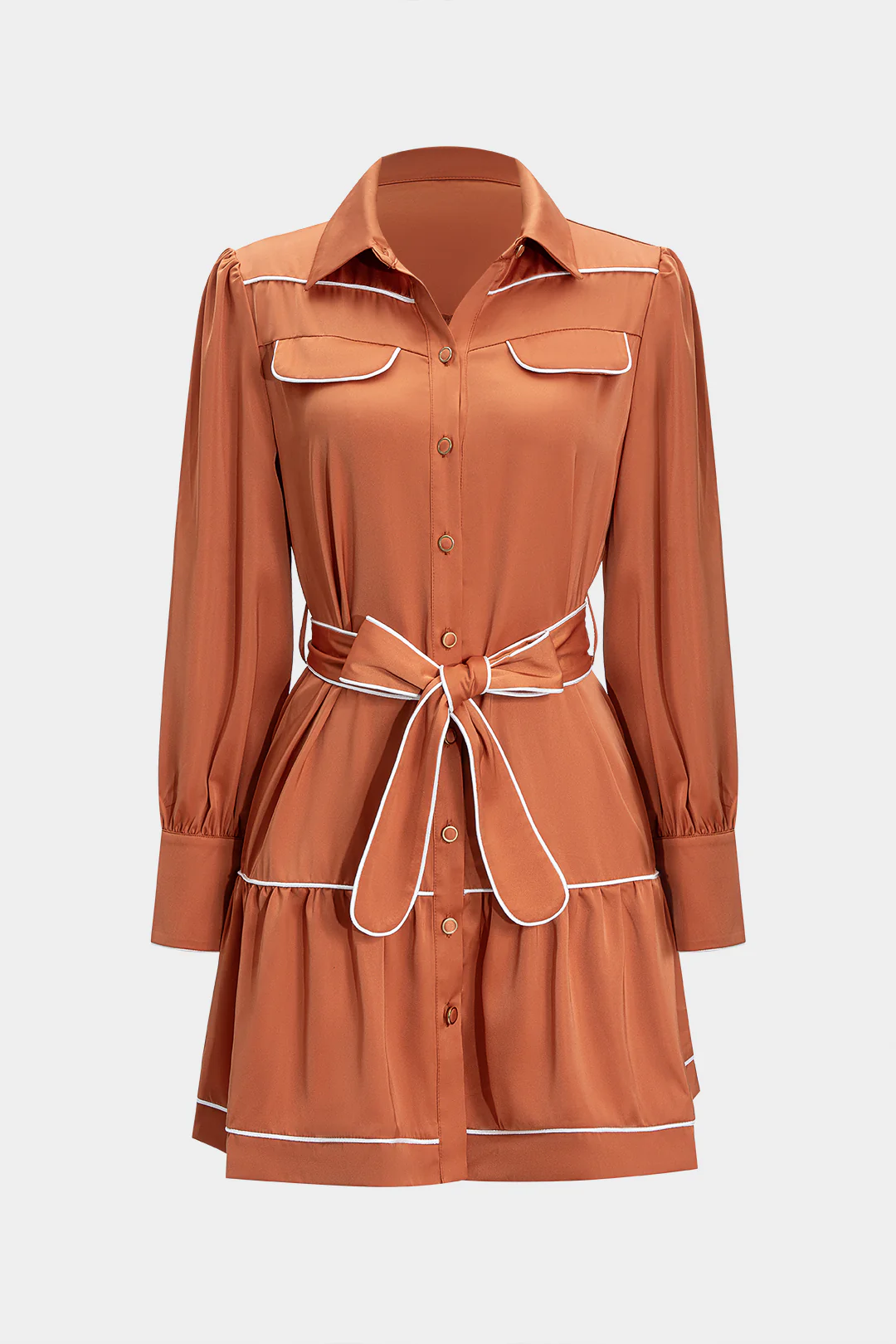 Satin Contrast Binding Tie-Front Long Sleeve Mini Dress - Flockneti