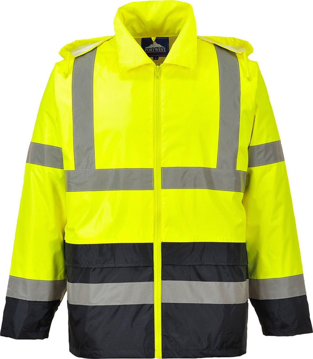 Portwest Yellow and Black Hi-Vis Contrast Rain Jacket – XXXL - Flockneti