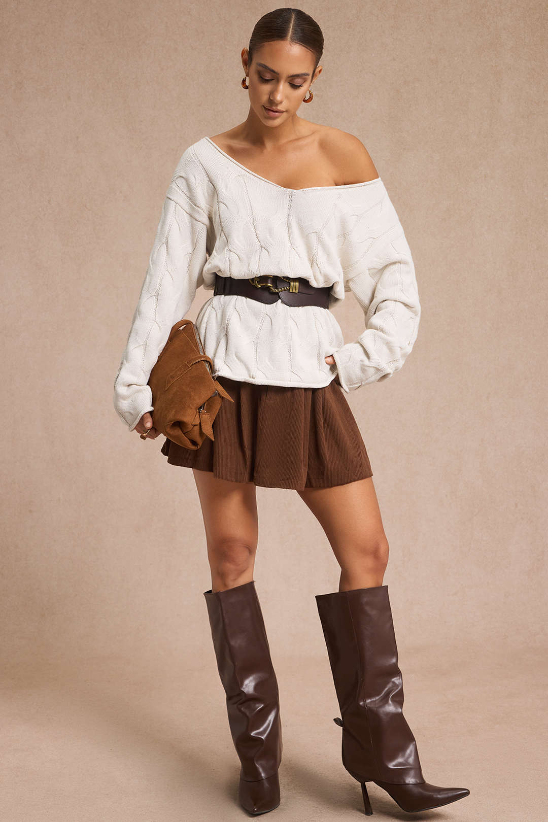 Cable Knit Asymmetrical Neck Long-Sleeve Top - Flockneti