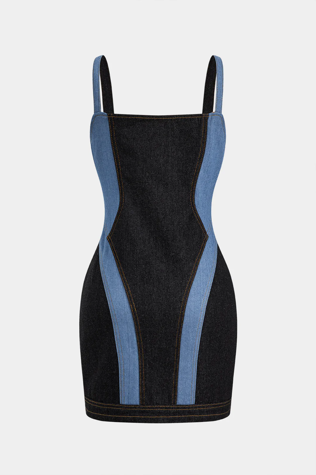 Contrast Denim Patchwork Zipper Bustier Dress - Flockneti