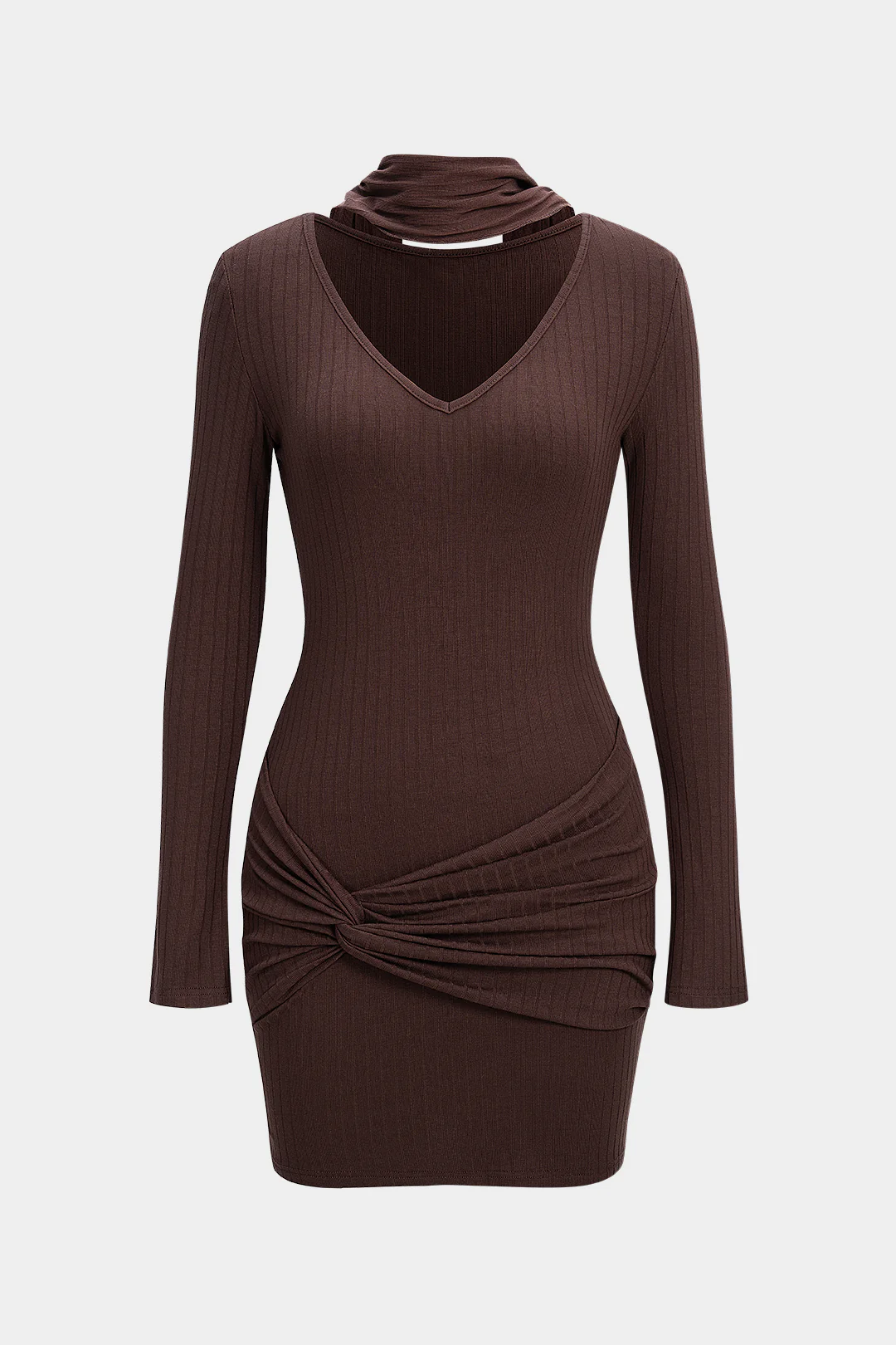 Twist Knot V-Neck Long Sleeve Mini Dress With Scarf - Flockneti