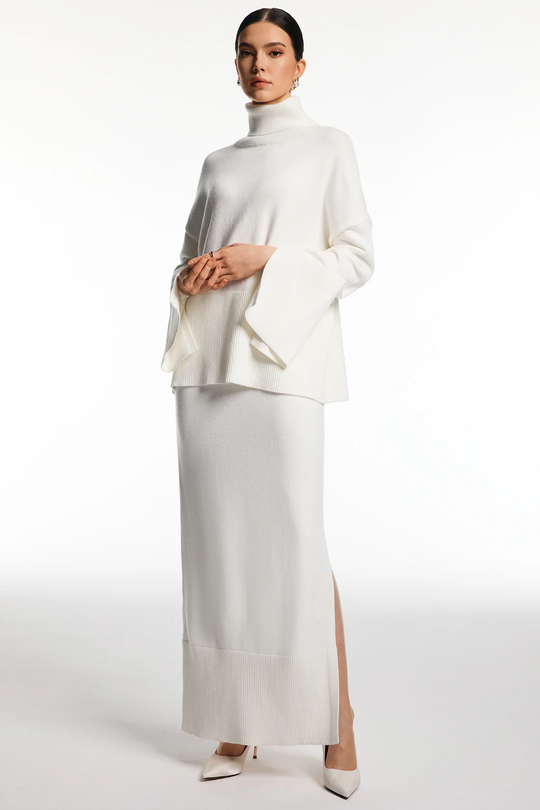 Knit Turtleneck Long-Sleeve Top And Side Split Skirt Set - Flockneti