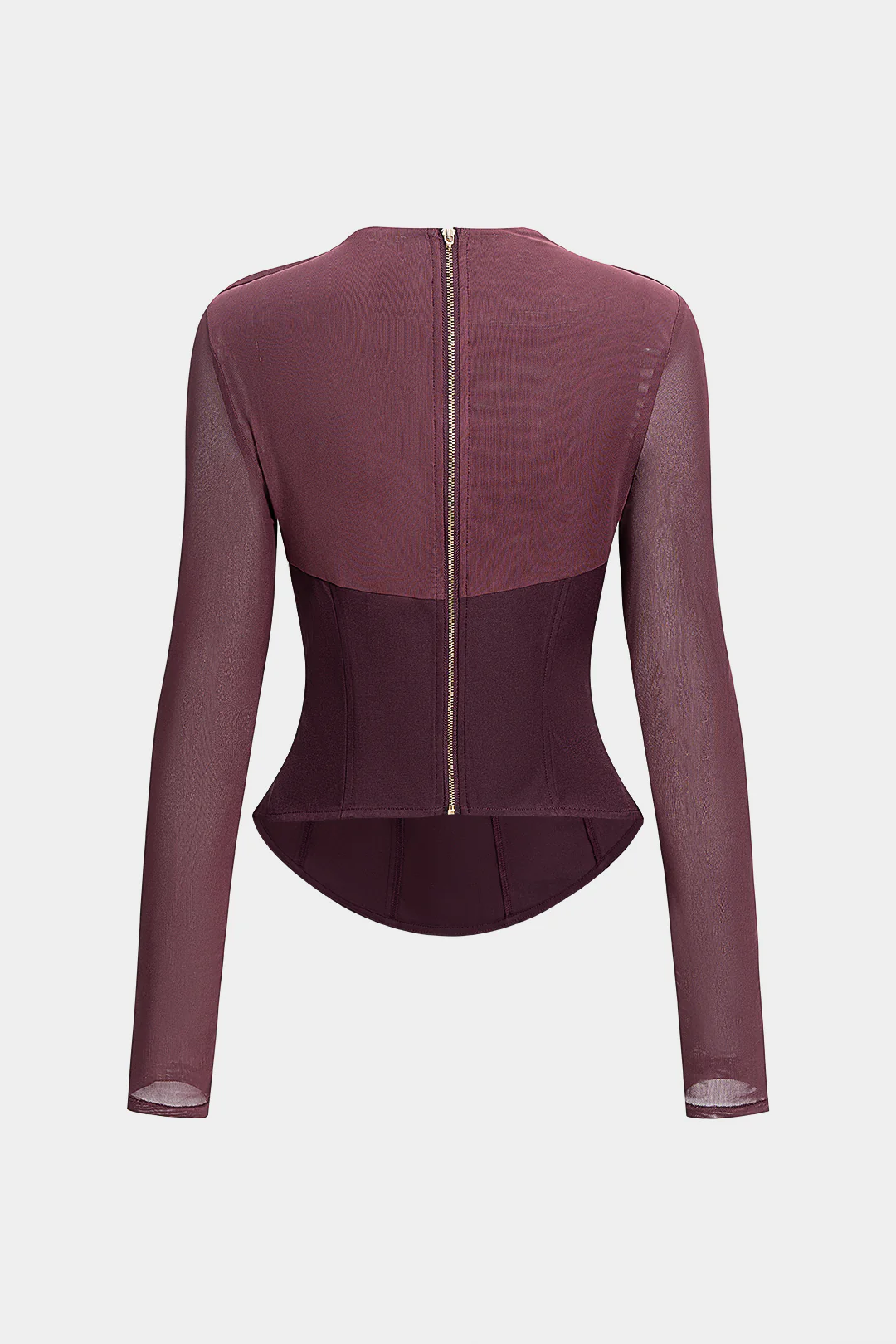 Mesh Patchwork Asymmetrical Ruched Long-Sleeve Top - Flockneti