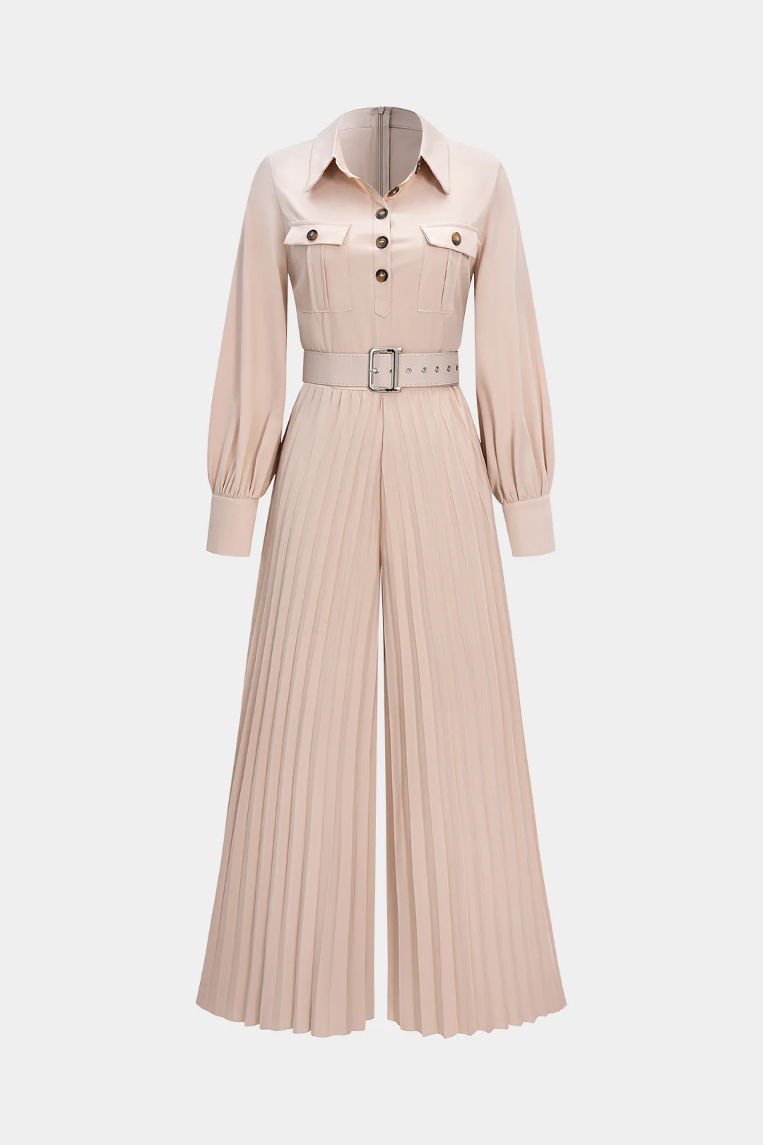Pleated Belted Wide Leg Long Sleeve Jumpsuit - Flockneti