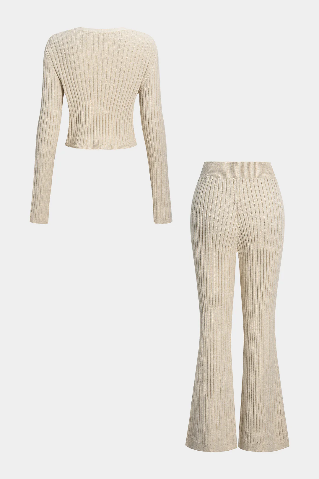 Knit Ribbed Button Long-Sleeve Top And Bell Leg Trousers Set - Flockneti