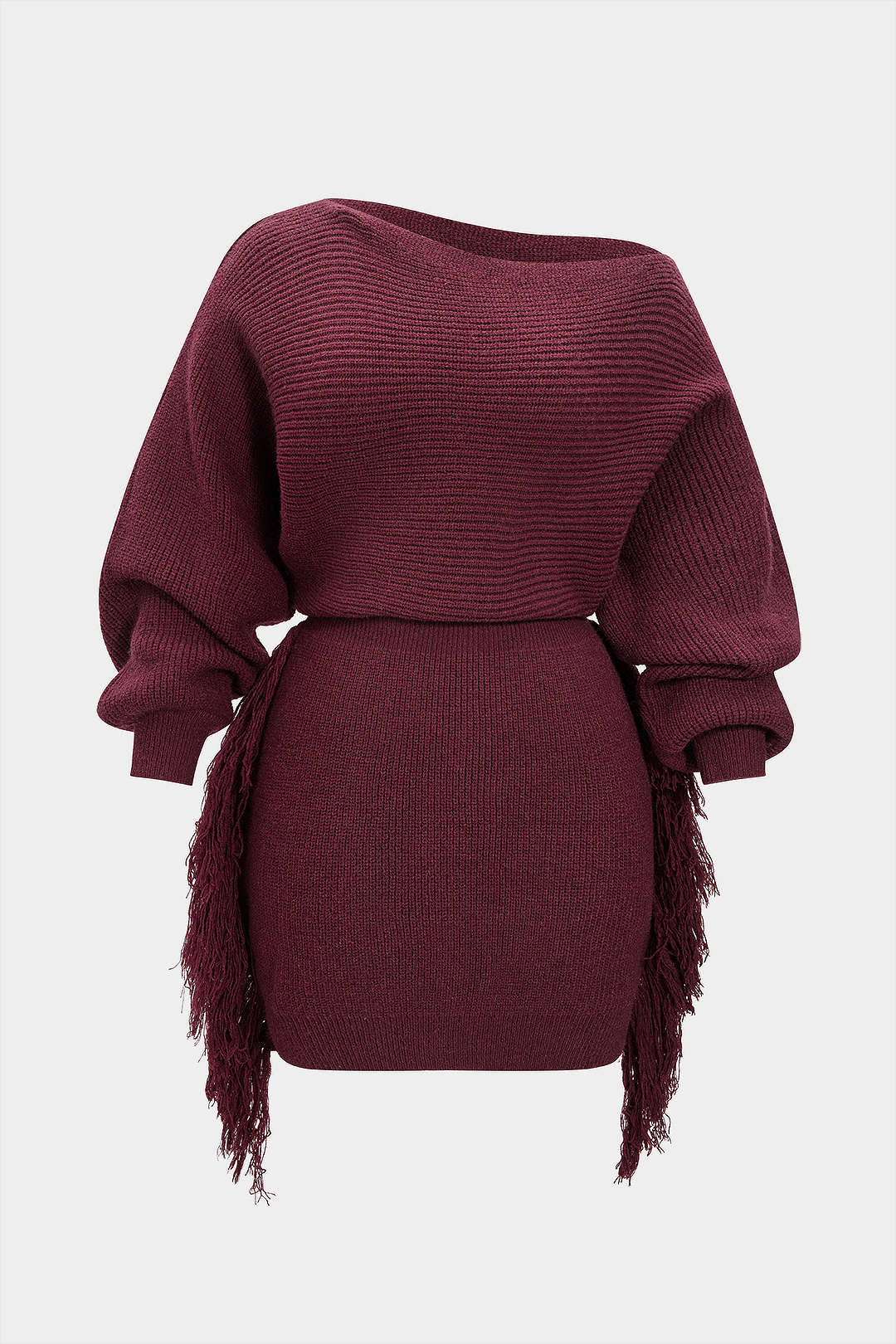 Plus Size Knit Fringe One Shoulder Long Sleeve Dress - Flockneti