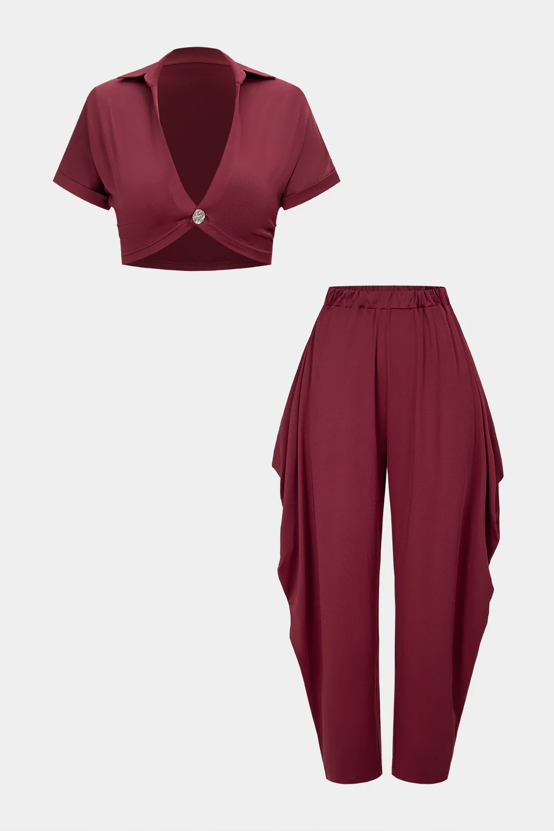 V-Neck Cropped Short-Sleeve Top And Ruched Lantern Pants Set - Flockneti