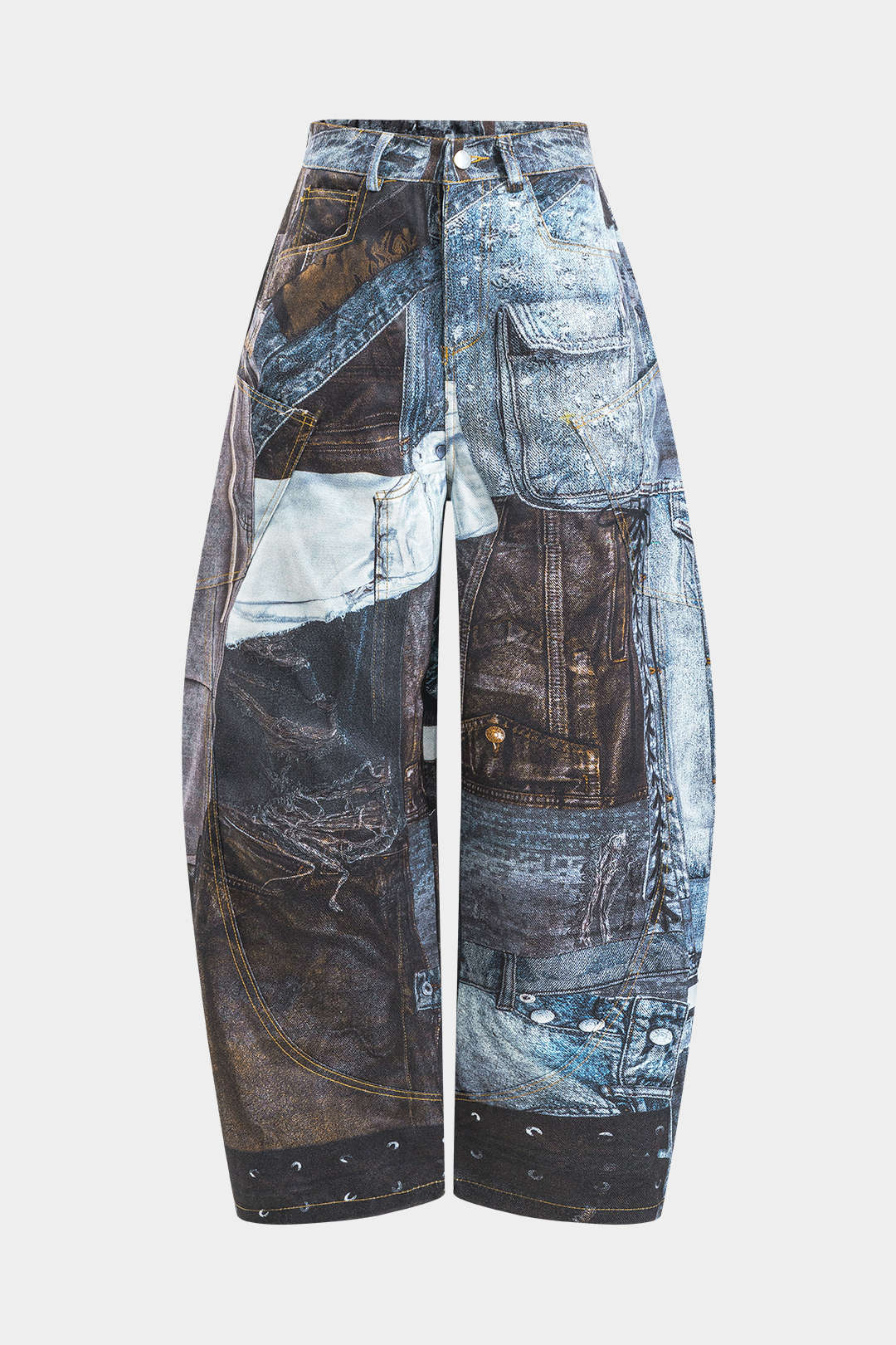 Abstract Print Button Pocket Wide Leg Barrel Trousers - Flockneti
