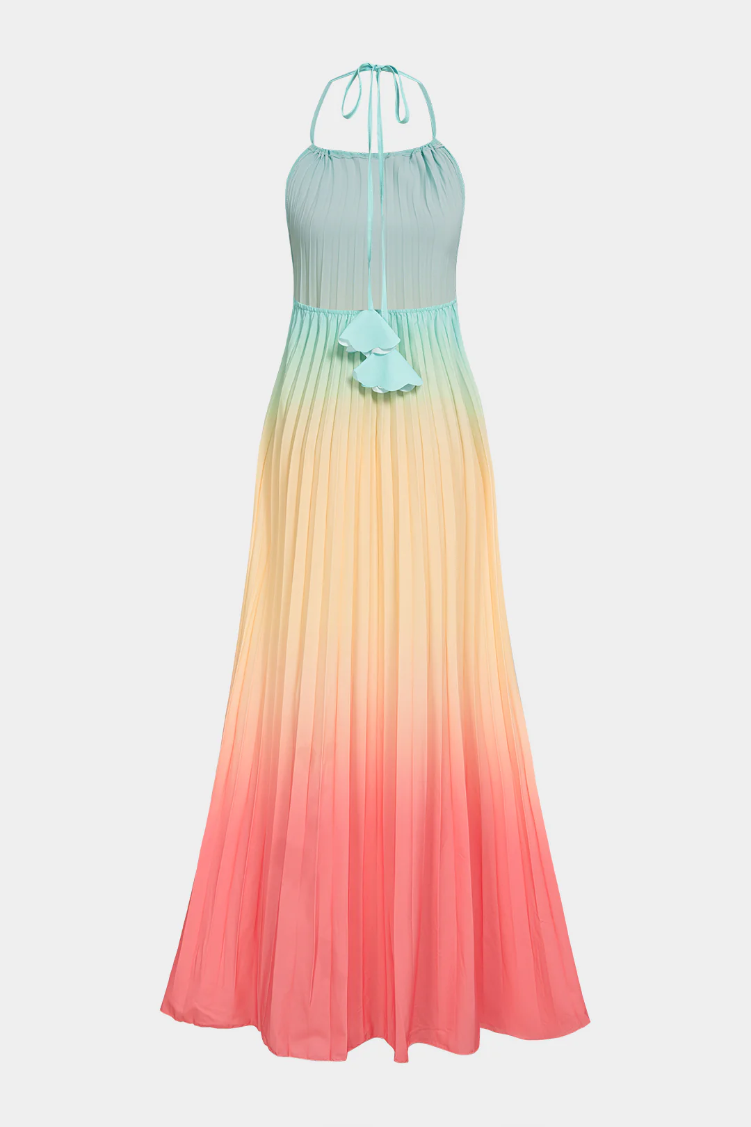 Ombre Print Halter Tie Back Backless Pleated Sleeveless Maxi Dress - Flockneti