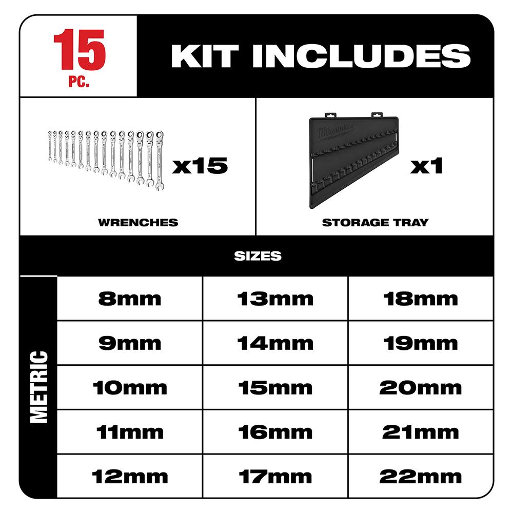 Milwaukee Combination Wrench Set Metric Flex Head Ratcheting 15pc - Flockneti