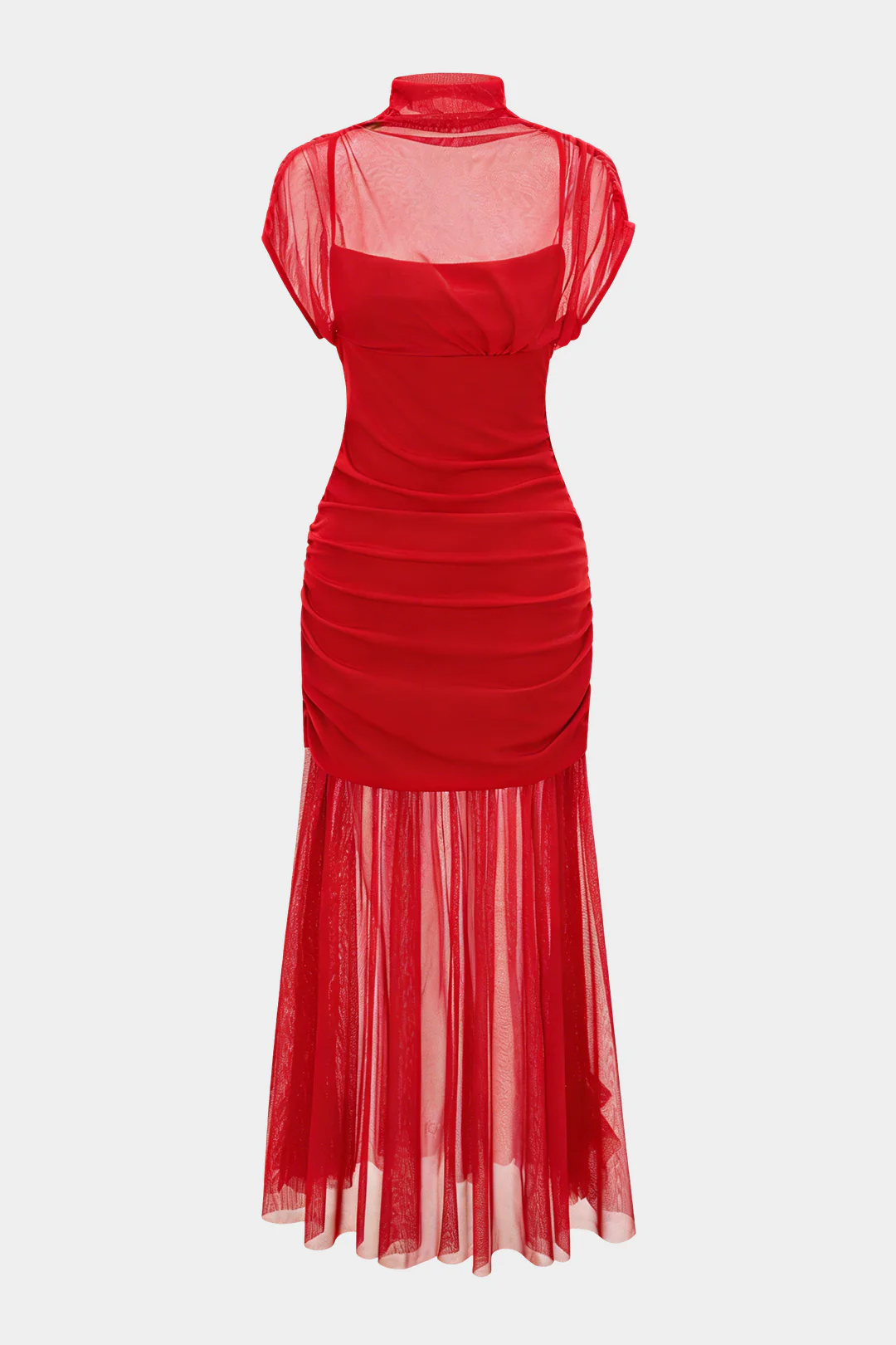 Mesh Patchwork Mock Neck Short-Sleeve Maxi Dress - Flockneti