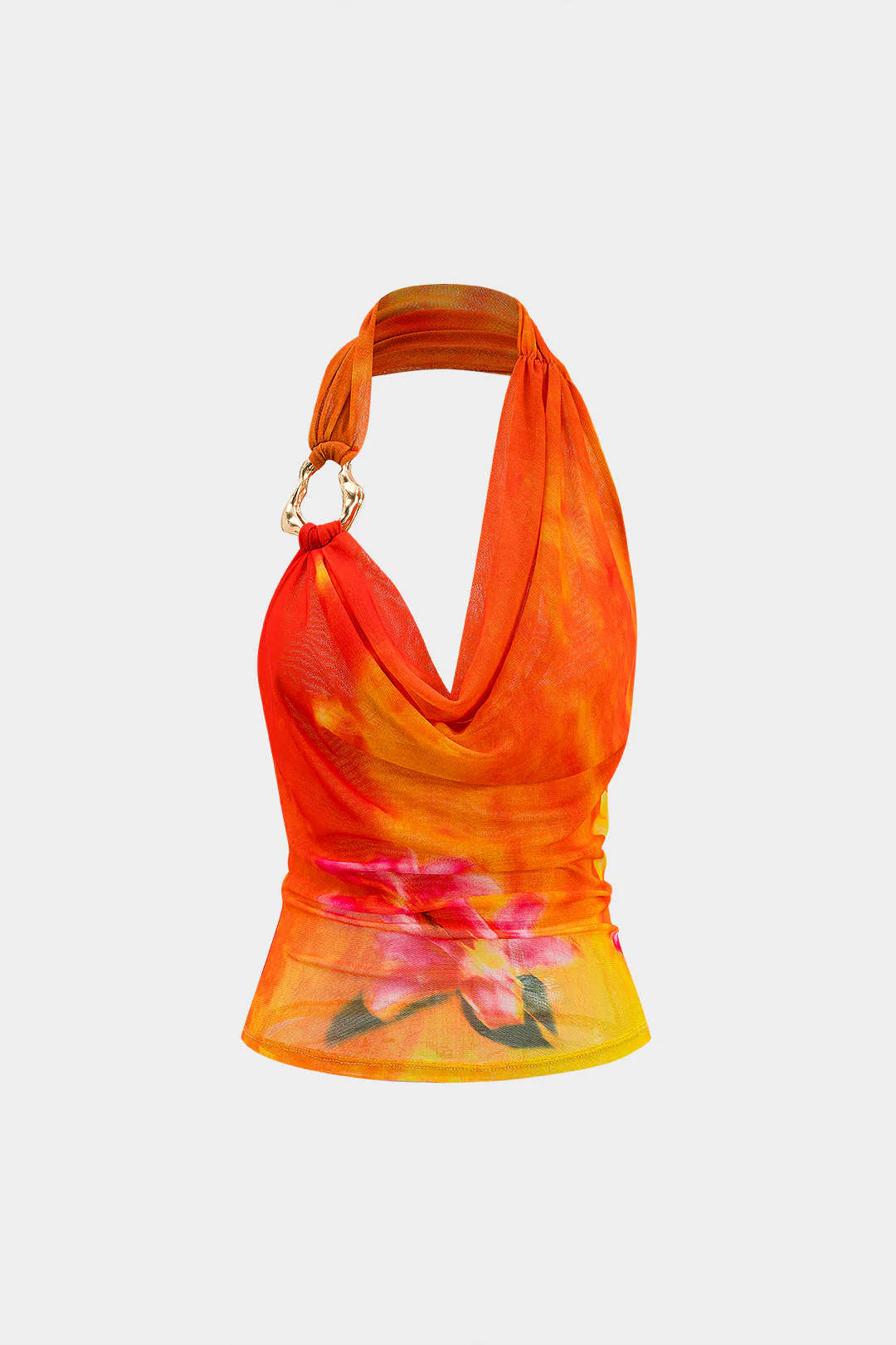 Floral Print Mesh Asymmetrical Ruched Cami Top - Flockneti