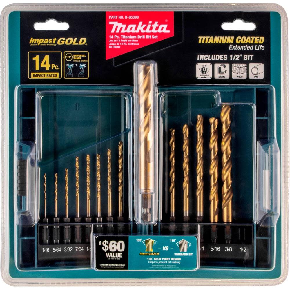 Makita Impact GOLD 14 Pc. Titanium Drill Bit Set 1/4″ Hex Shank - Flockneti