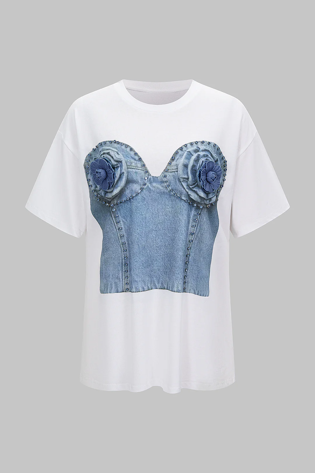 Denim Print 3D Flower Rhinestone Decor Round Neck Short Sleeve T-Shirt - Flockneti