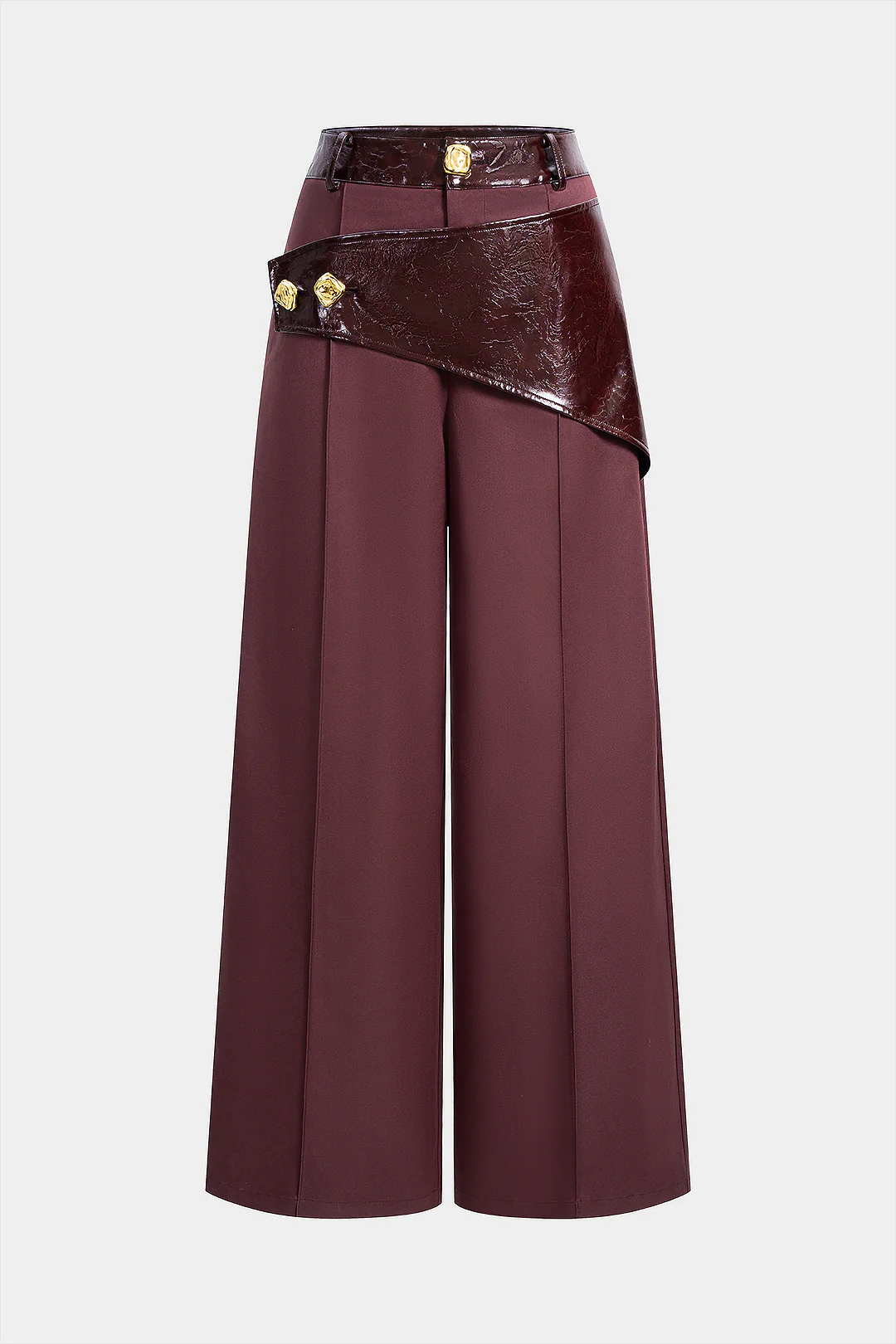 Faux Leather Patchwork Asymmetrical Metallic Button Wide Leg Pants - Flockneti