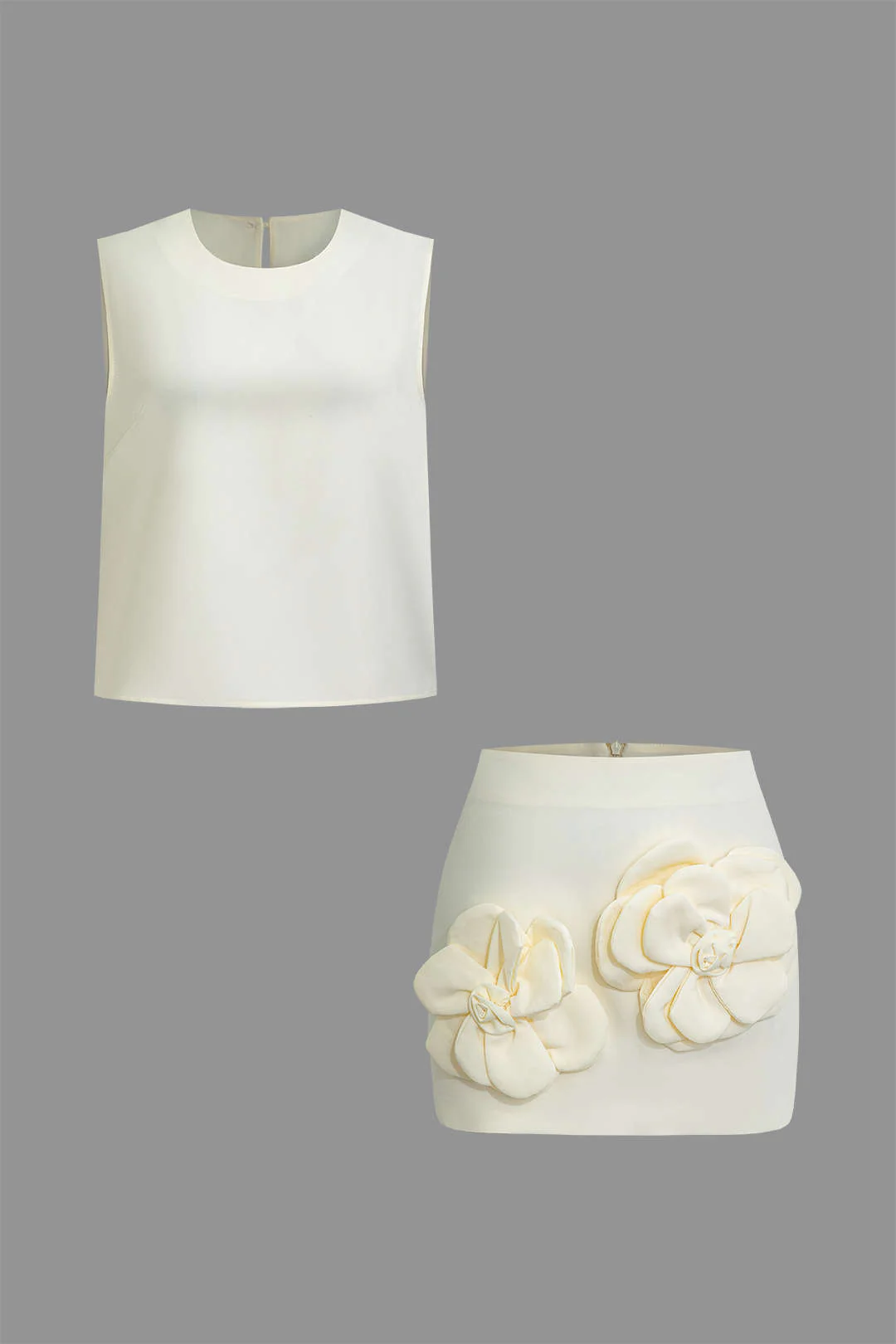 Solid Tank Top And 3D Floral Zipper Mini Skirt Set - Flockneti