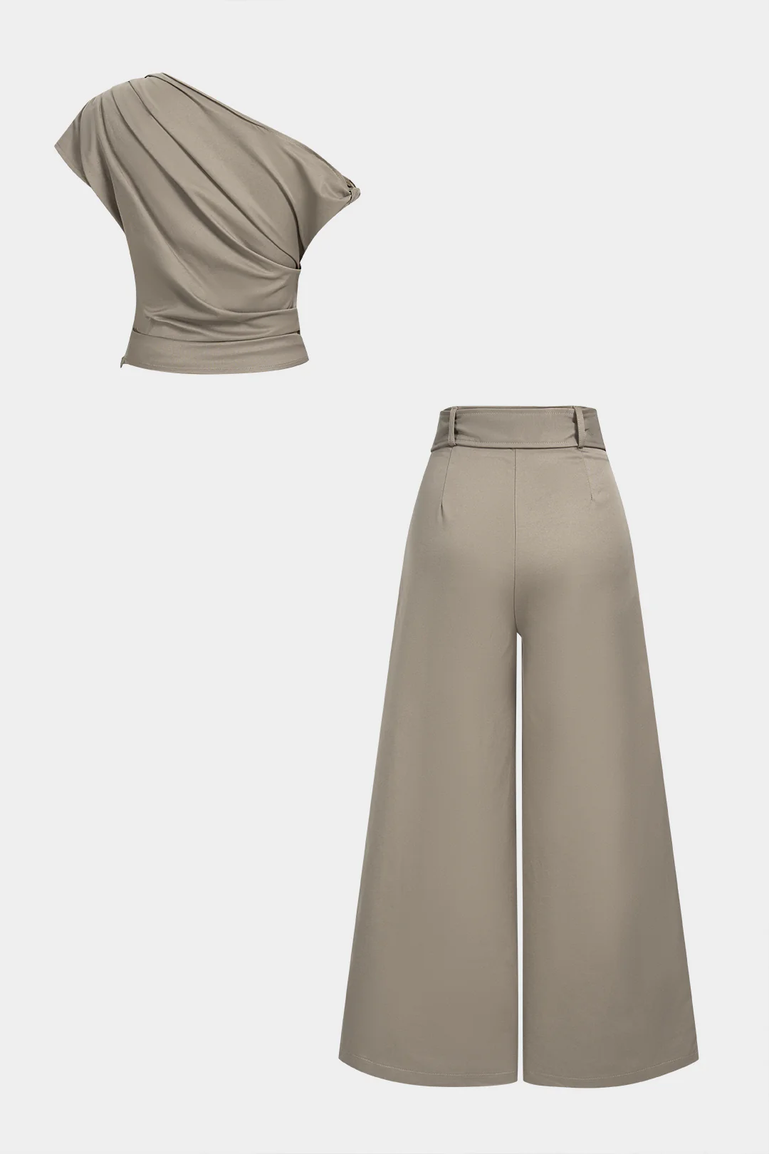 One Shoulder Ruched Twist Knot Tank Top And Belted Wide Leg Pants Set - Flockneti