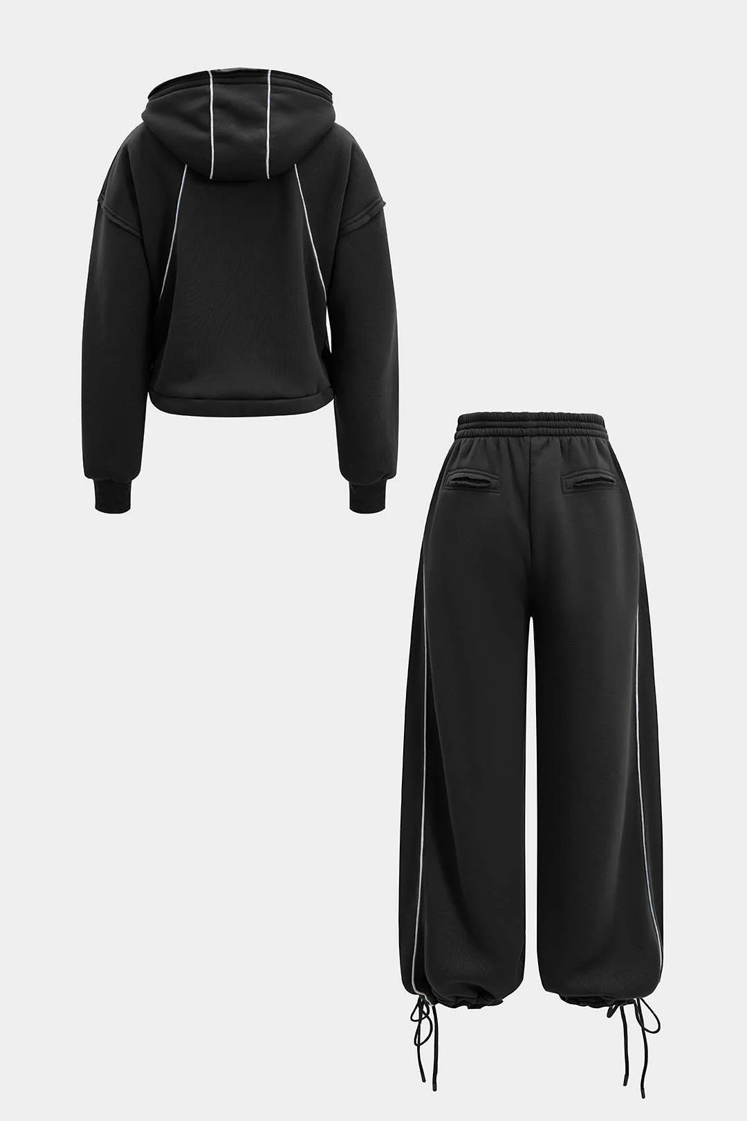Drawstring Zipper Hoodie And Straight Leg Tie-Up Trousers Set - Flockneti