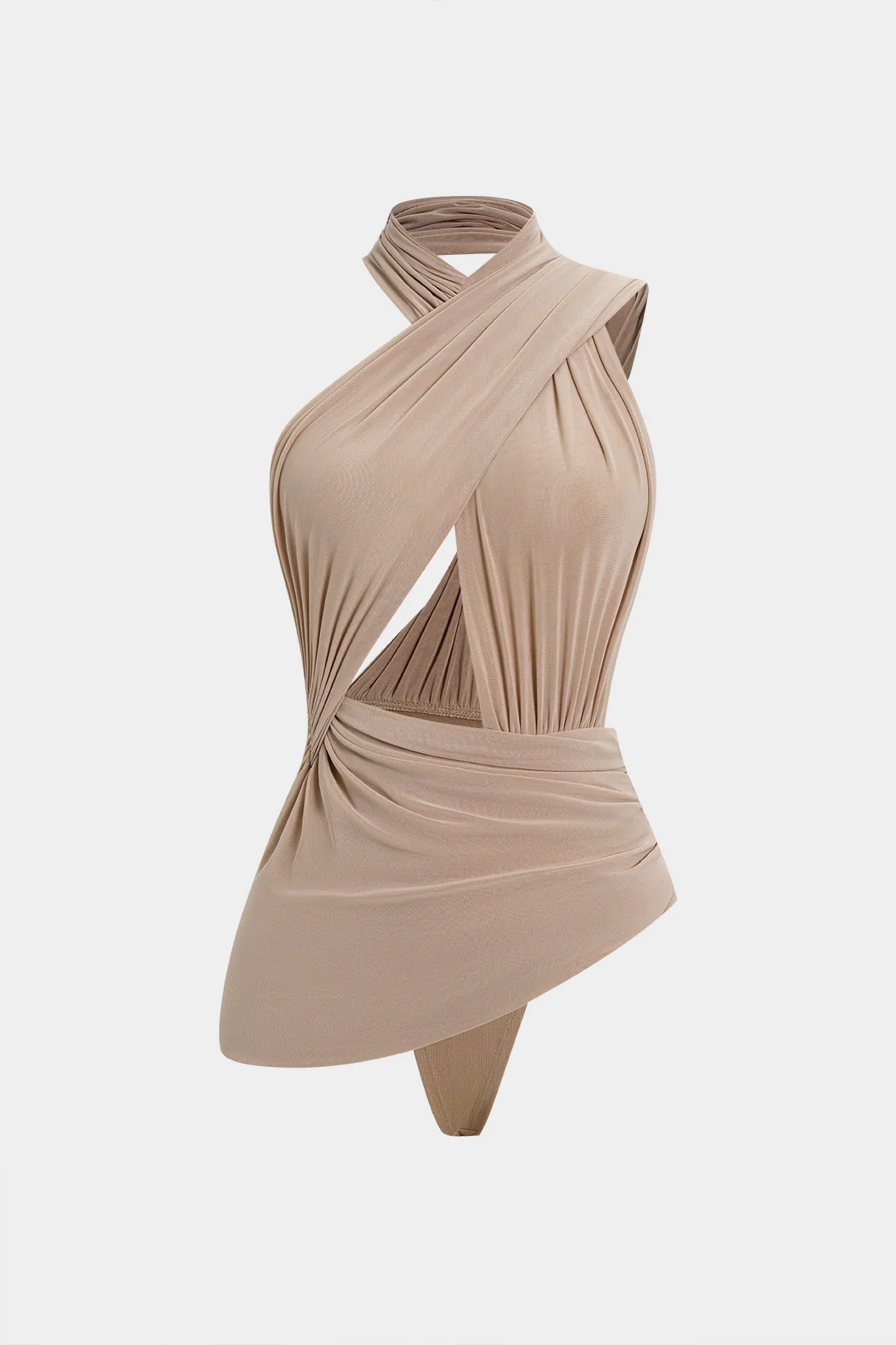 Mesh Asymmetrical Ruched Cut Out Bodysuit - Flockneti