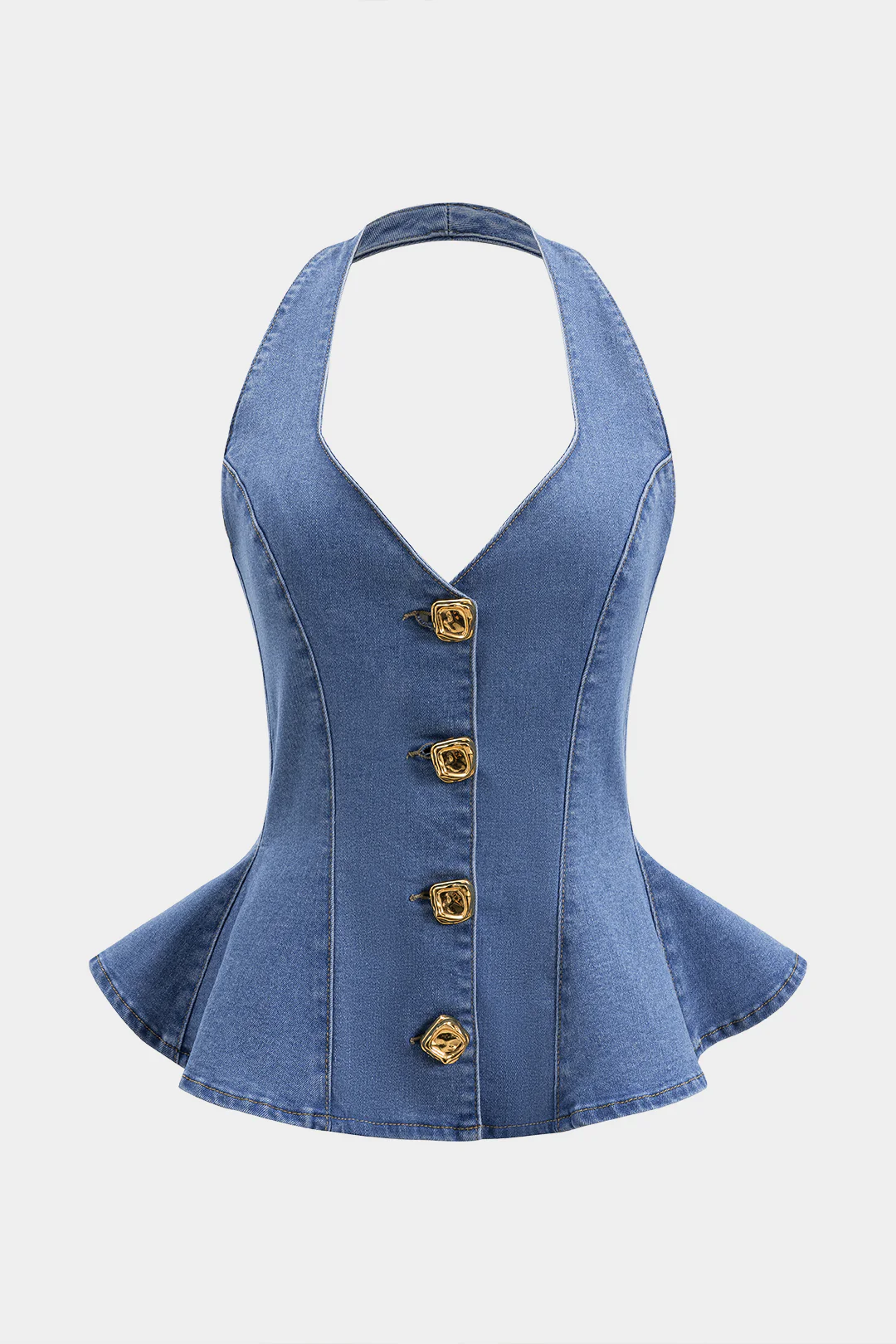 Denim Ruched Button Backless Crop Top - Flockneti